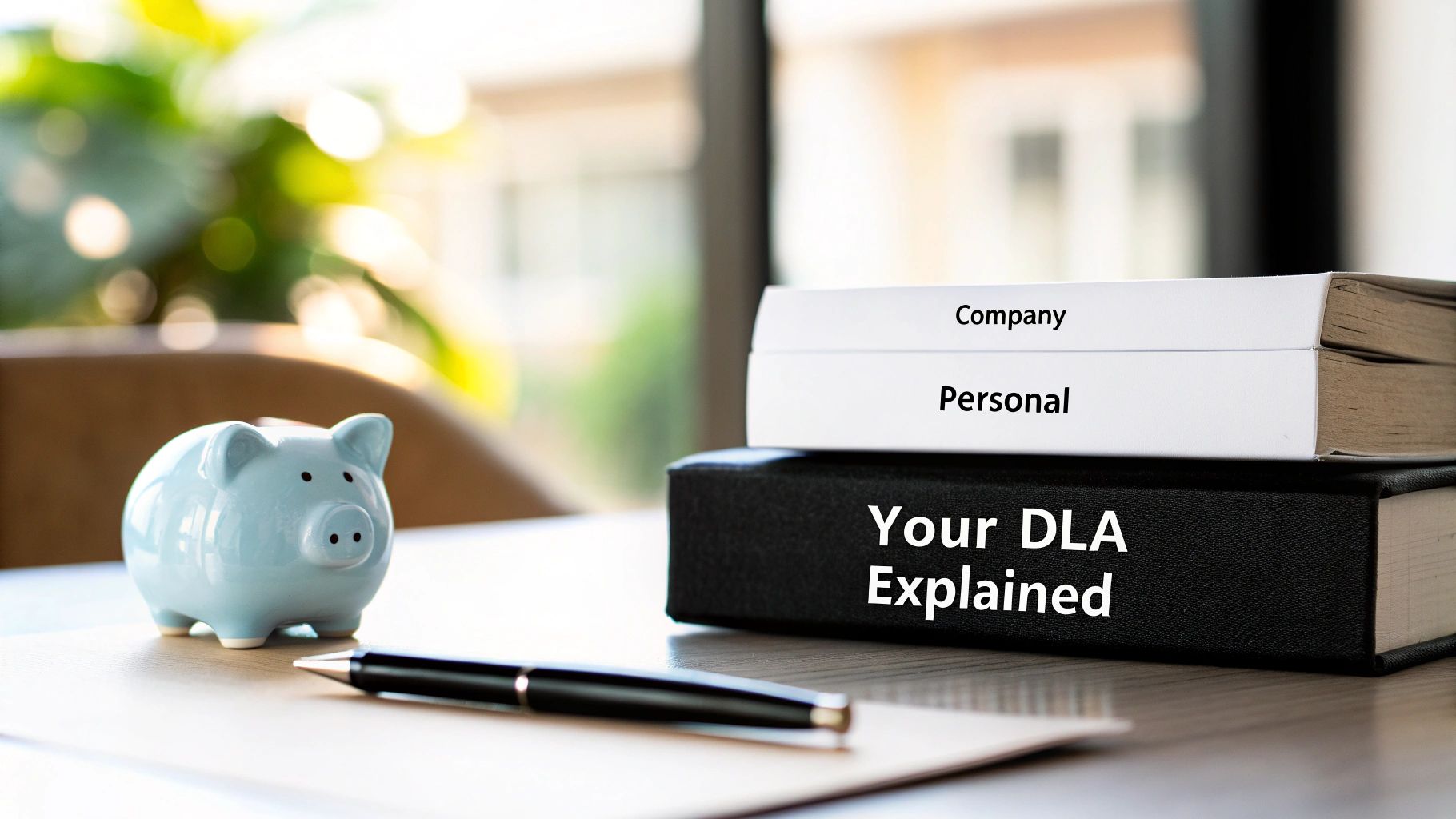 A light blue piggy bank, pen, and books labeled 'Company', 'Personal', and 'Your DLA Explained' on a desk.