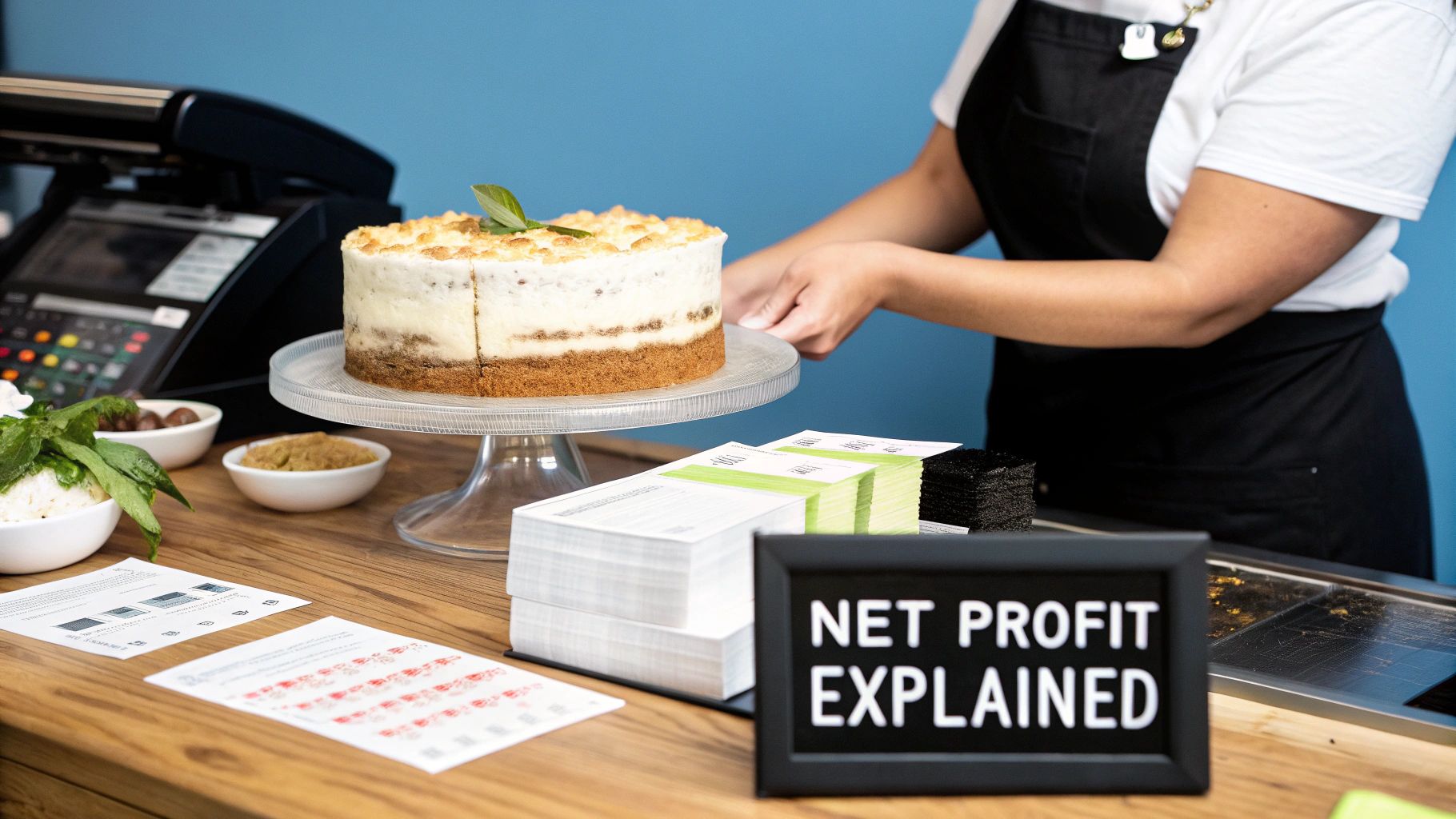 Baker explaining net profit margin concept with cake and business documents on counter