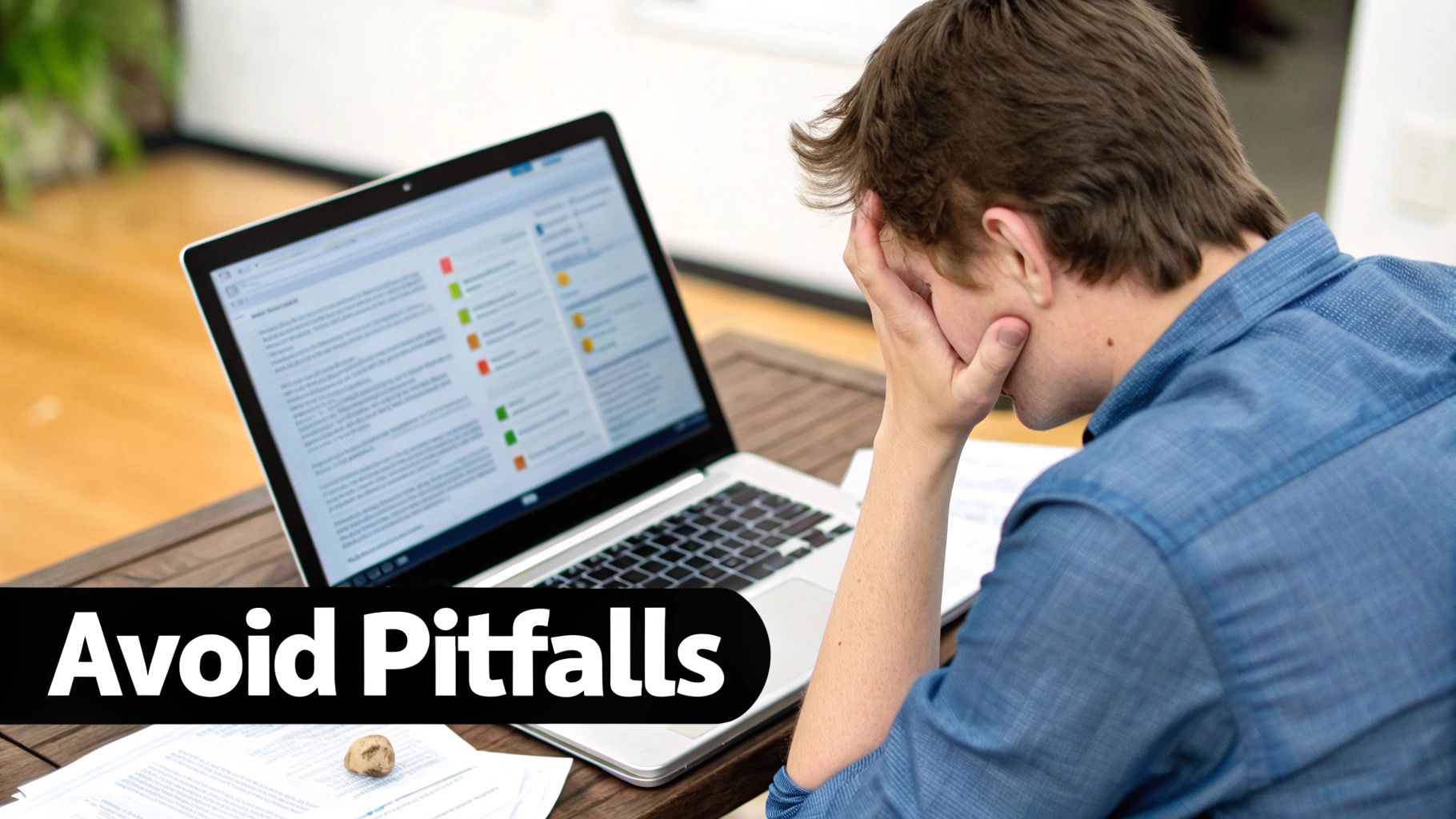 Stressed person covering face in front of a laptop with 'Avoid Pitfalls' overlay text.