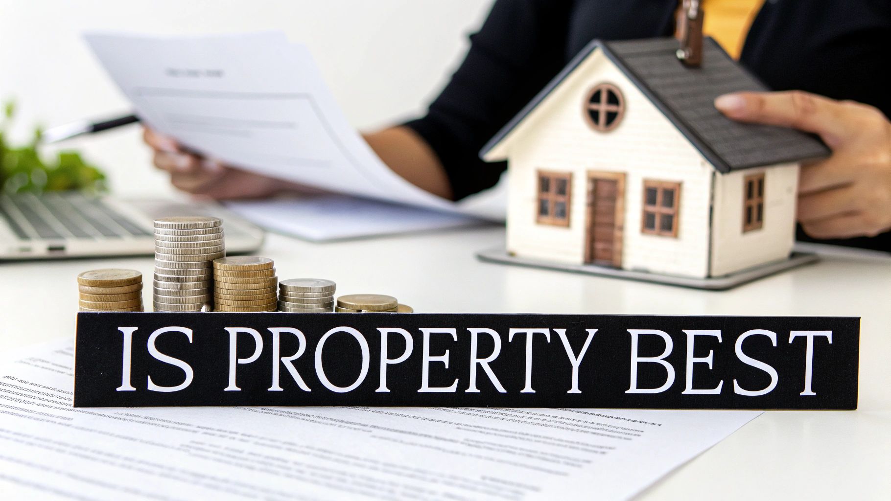 A person holds documents next to a model house, stacked coins, and a sign asking 'IS PROPERTY BEST'.