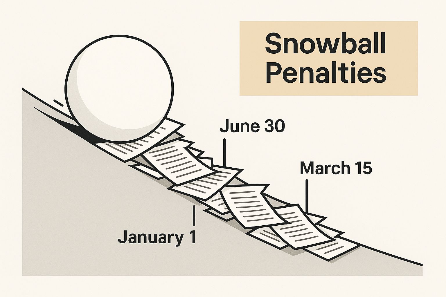 Infographic about corporation tax penalties late payment, showing a snowball rolling down a hill piled with paperwork, with the text 'Snowball Penalties' in a block in the corner