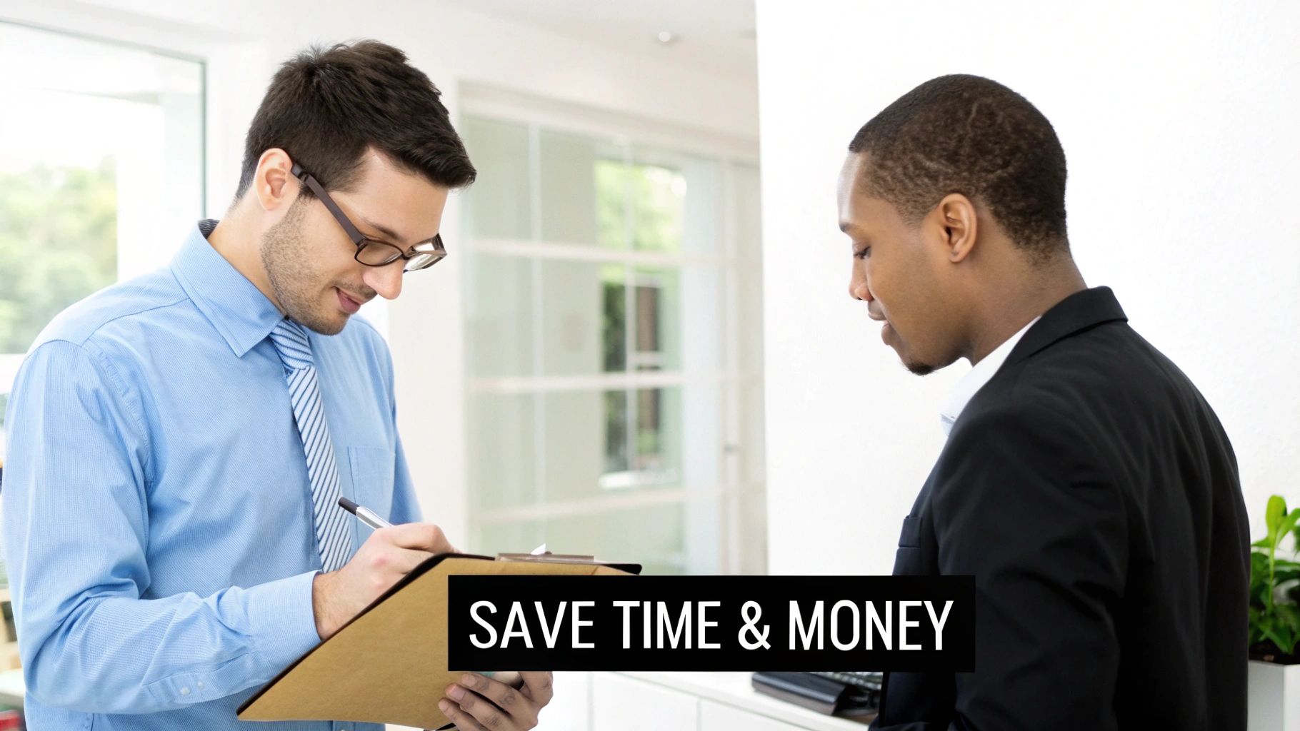 Two men in business attire, one writing on a clipboard, the other observing, with 'SAVE TIME & MONEY' text.