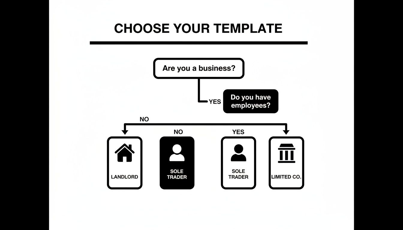 A flowchart guiding users to choose a business template based on being a business and having employees.