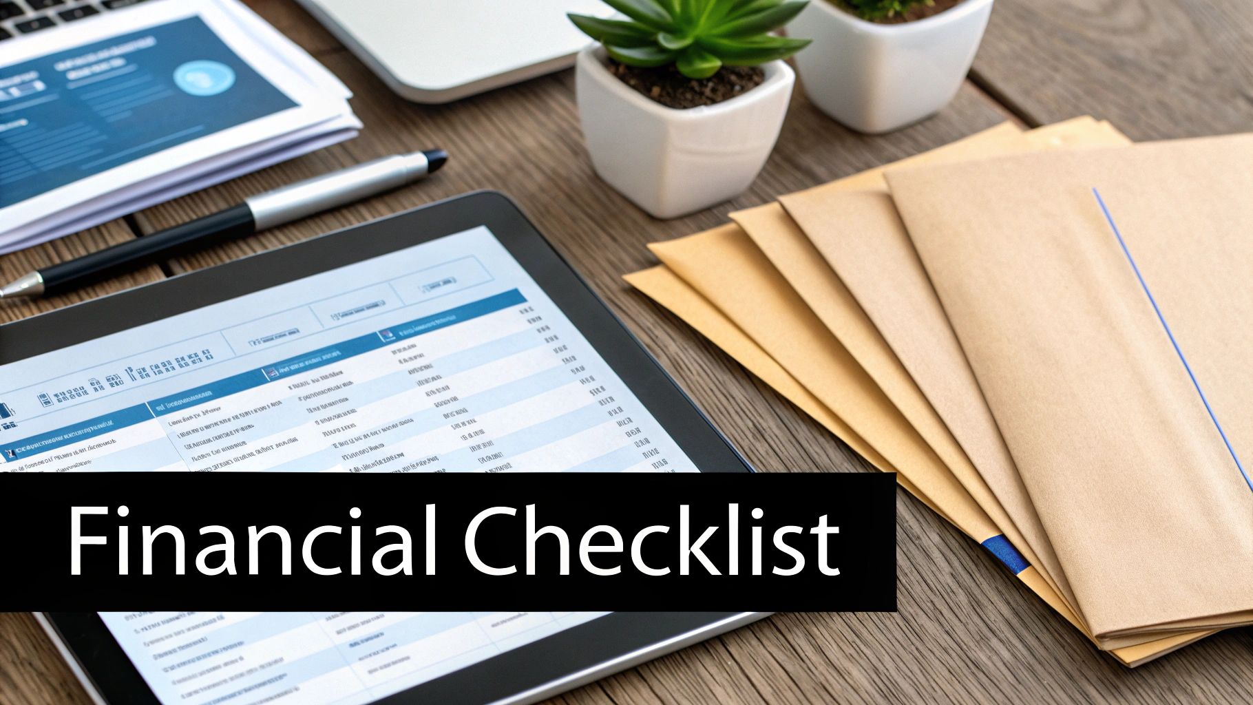 A tablet on a wooden desk displaying financial data, documents, and a pen, with 'Financial Checklist' text.