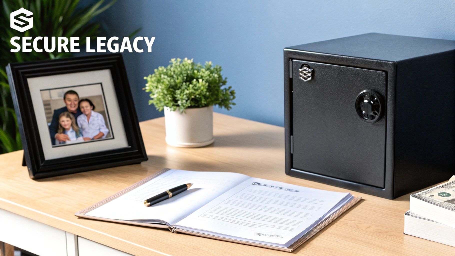 A wooden desk with a black safe, a family photo, open legal documents, and a stack of money.