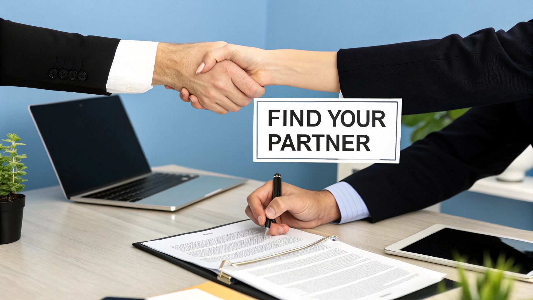 A business owner shaking hands with a financial partner in a modern office.