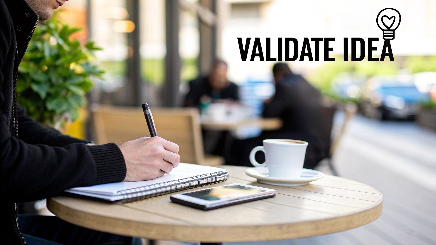 A person writing down business ideas on a notepad, looking thoughtful.