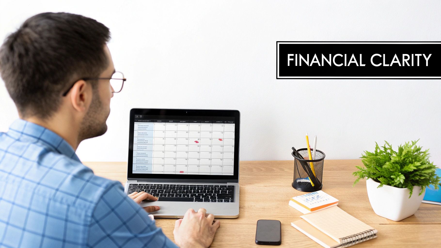 Man reviews a financial calendar on his laptop at a tidy wooden desk with office supplies.