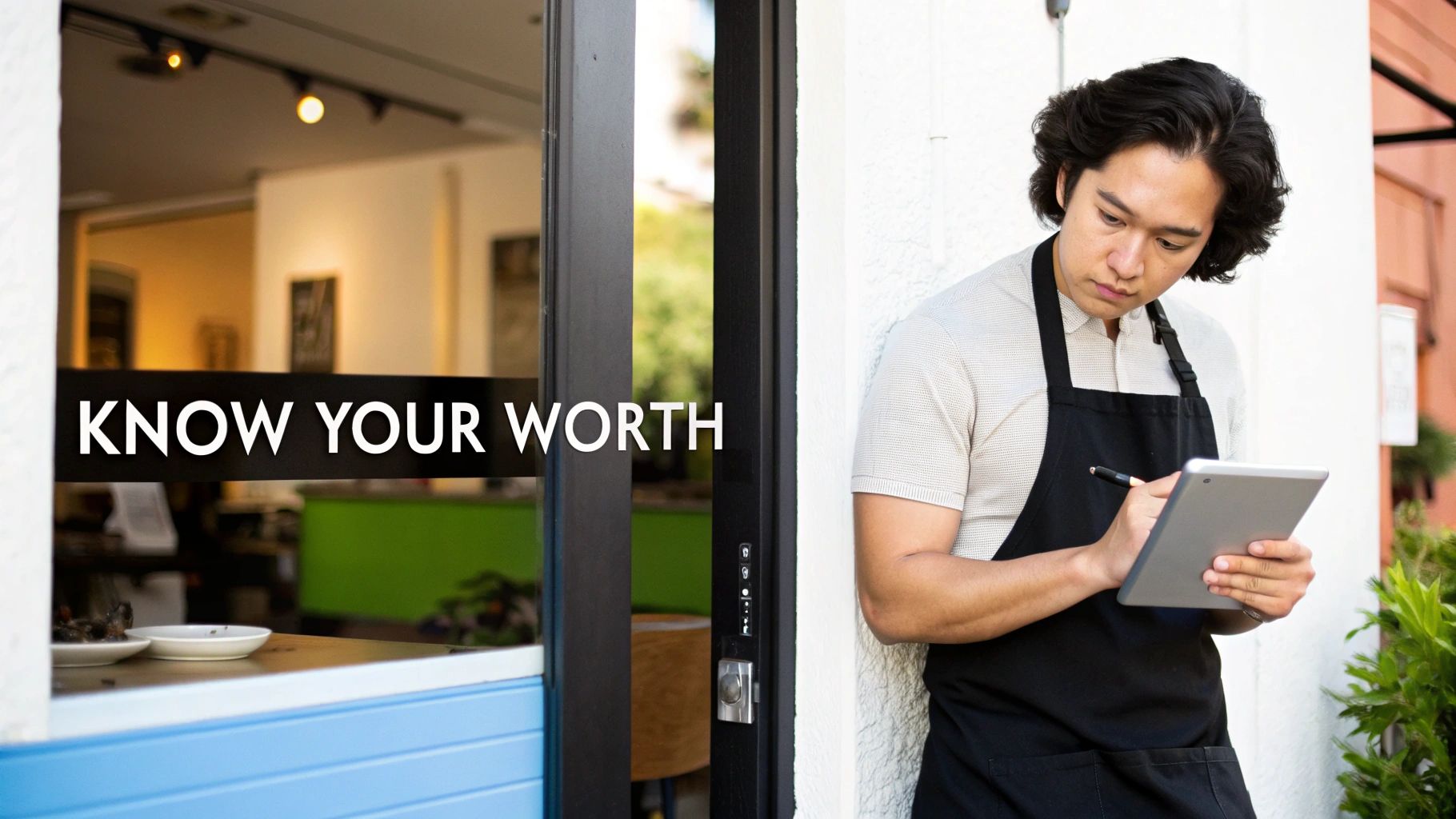 A focused barista in an apron writes on a tablet outside a cafe with a 'Know Your Worth' sign.