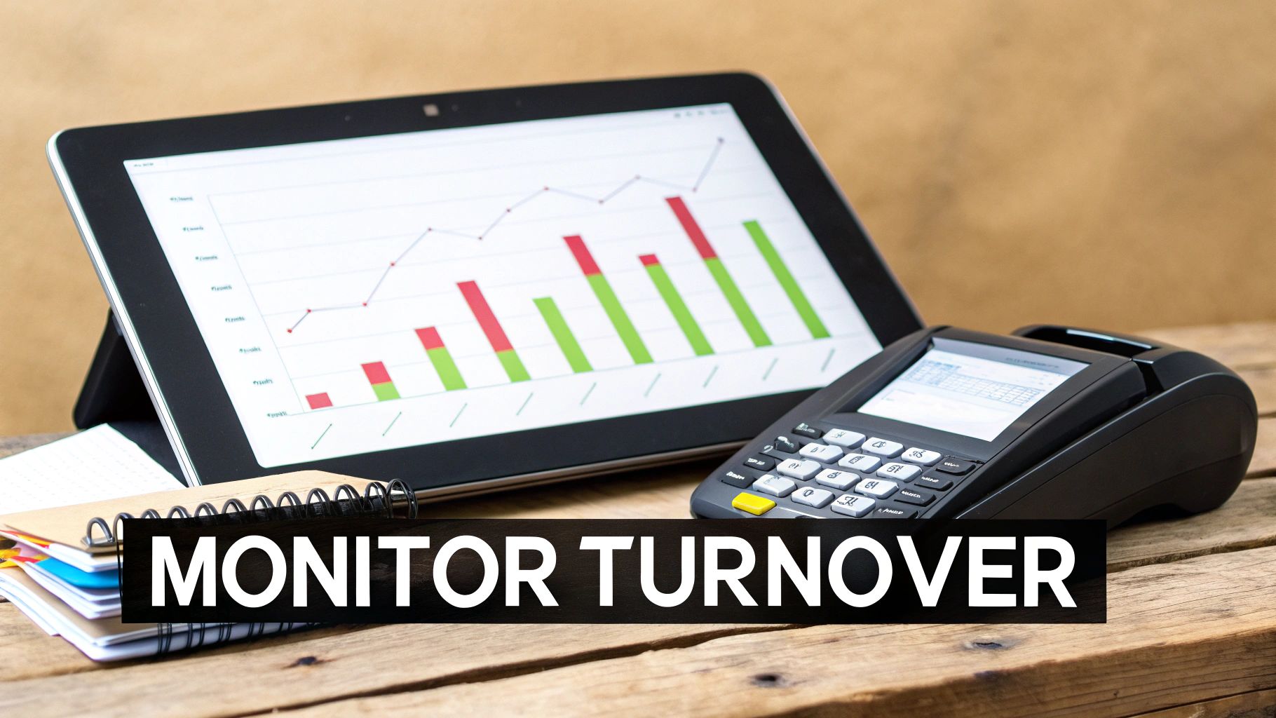 A tablet displays a financial chart, alongside a POS terminal and notebooks on a wooden desk. Text: MONITOR TURNOVER.