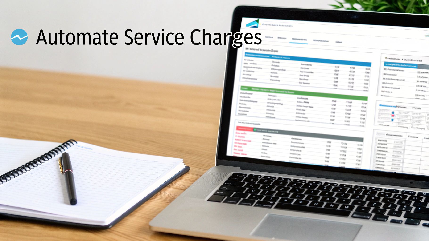 A laptop displaying service charges automation software, with a notebook and pen on a wooden desk.
