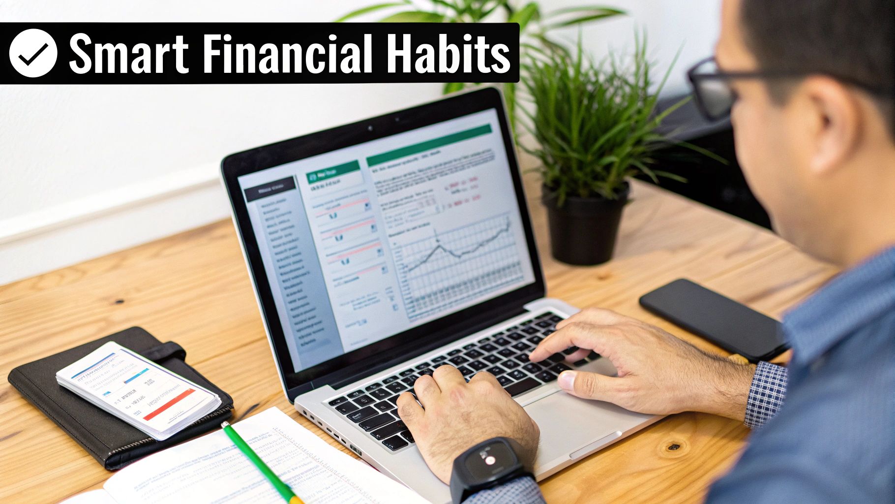 A man types on a laptop displaying financial charts and data, representing smart financial habits.