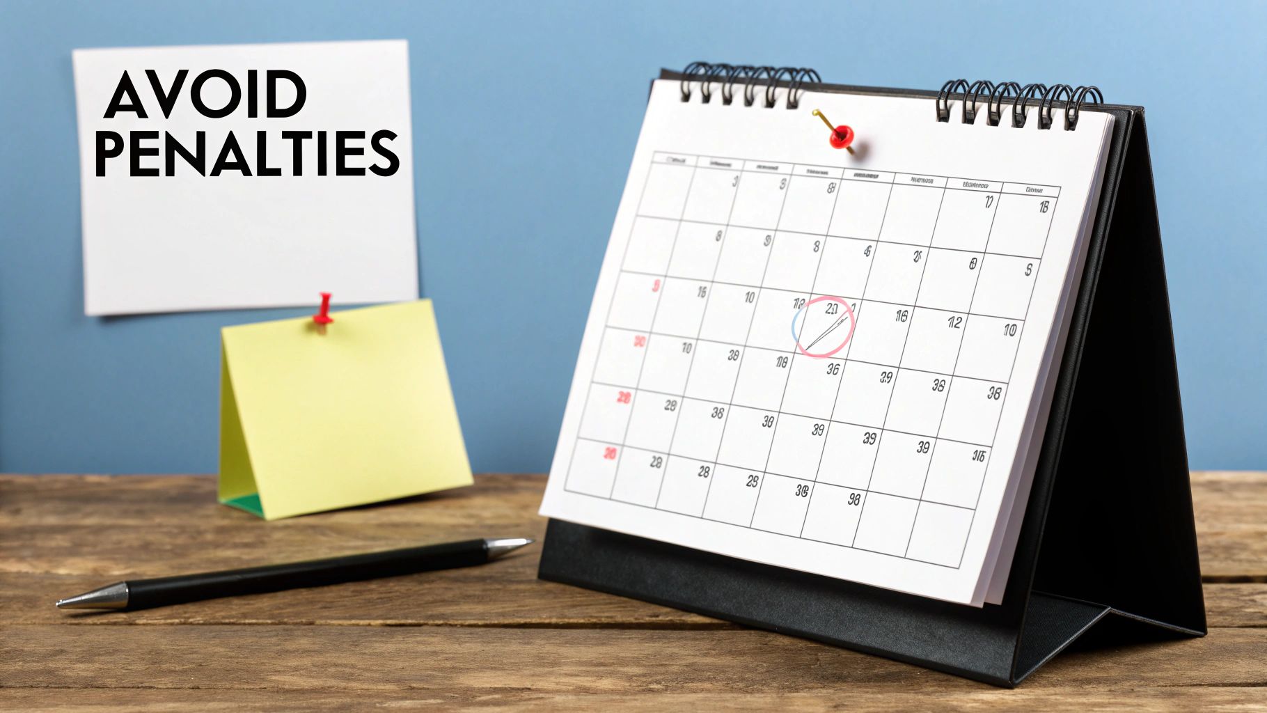 A desk calendar with a circled date, sticky notes, and a pen to remind users to avoid penalties.