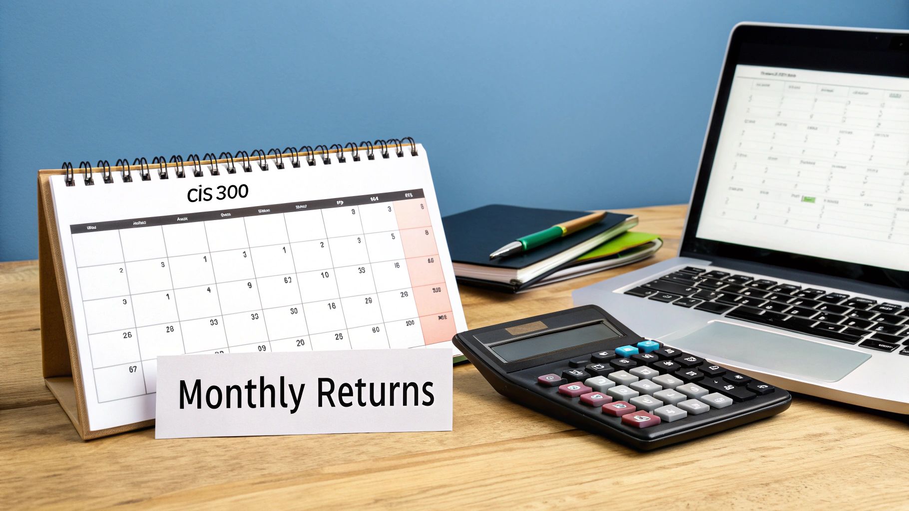 CIS 300 calendar, 'Monthly Returns' note, calculator, and laptop on a wooden desk.