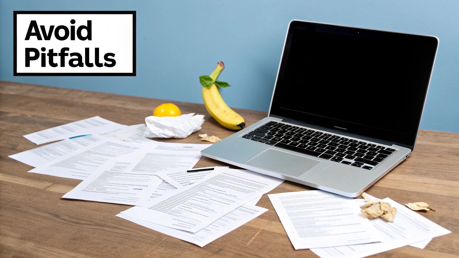 A cluttered desk features a laptop, scattered papers, a banana, and an orange, with “Avoid Pitfalls” text.