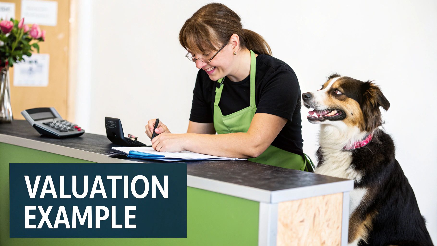 A cheerful woman in an apron calculates finances with a friendly dog observing at a counter.