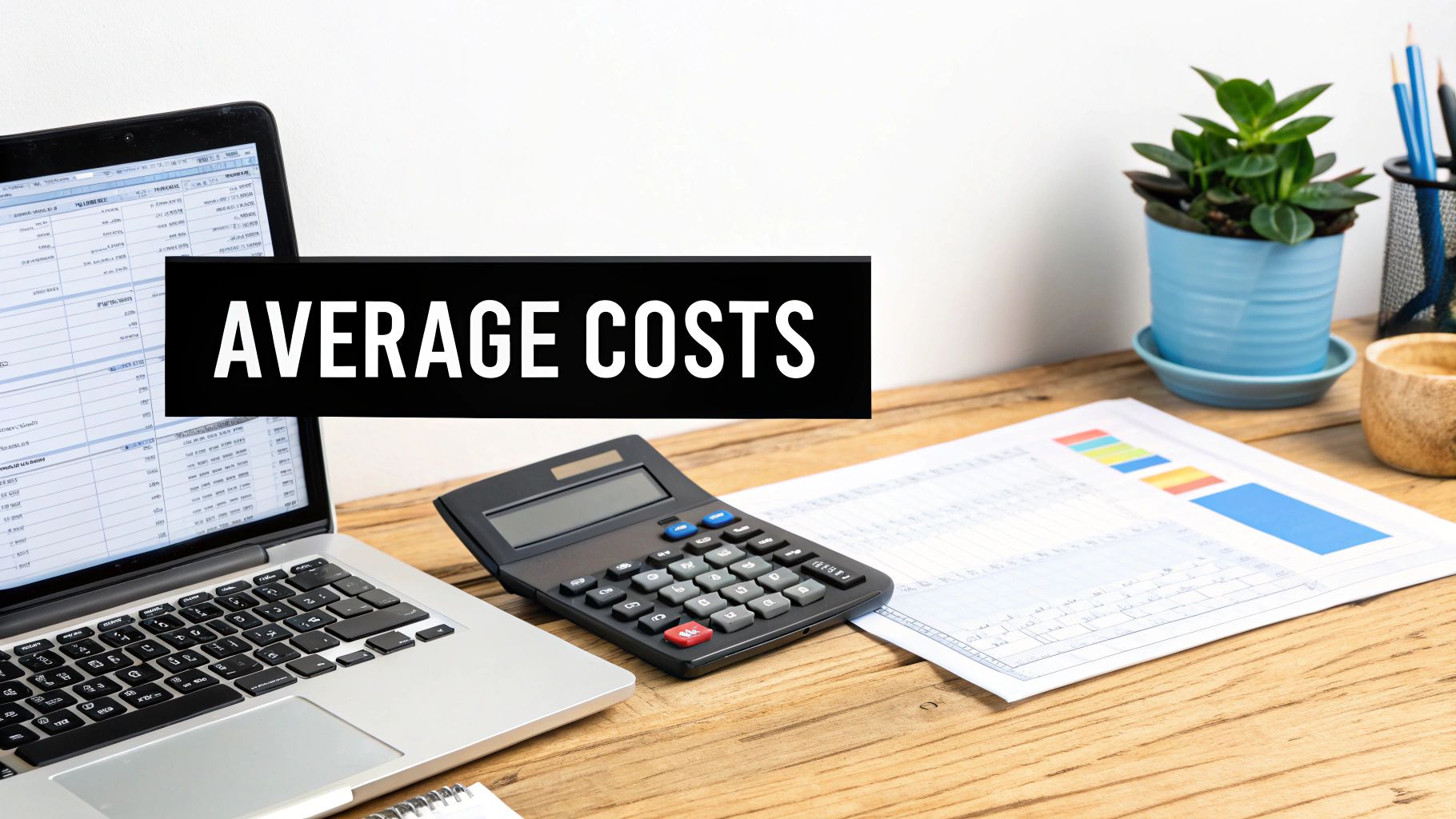 Laptop displaying spreadsheets with calculator and financial documents on wooden desk for average costs analysis