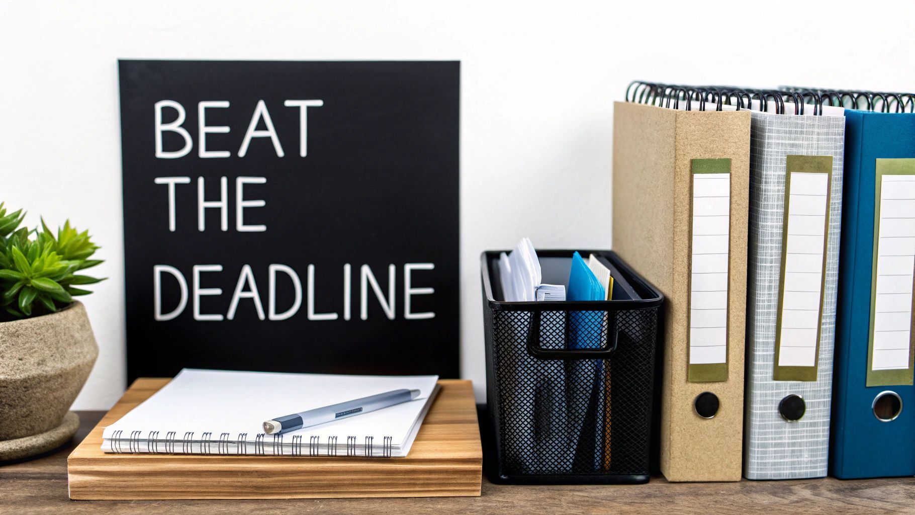 A home office desk with a "BEAT THE DEADLINE" sign, plant, notebook, and folders.