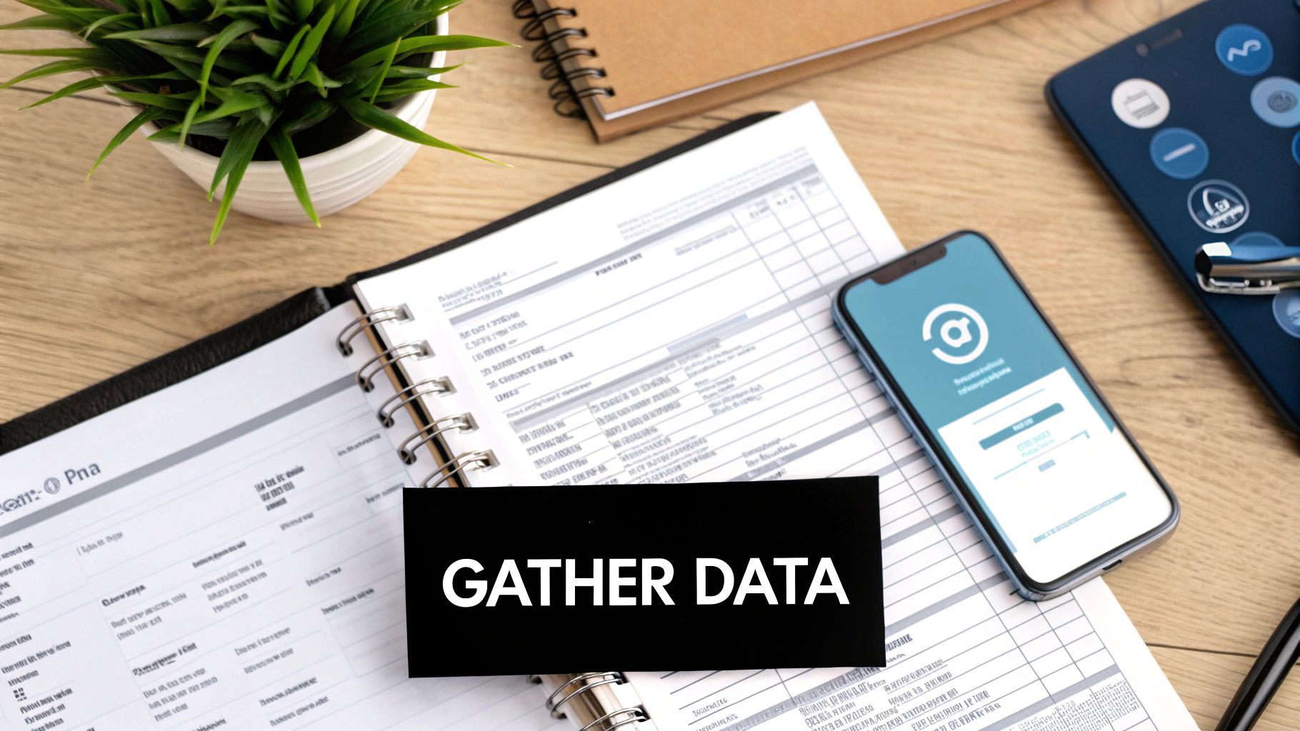 Overhead view of a desk with an open planner, smartphone, and 'GATHER DATA' text.