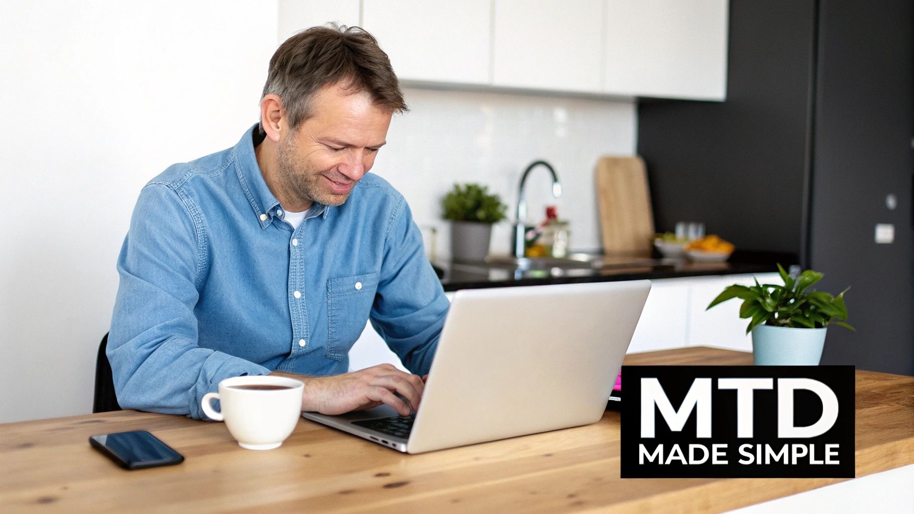 A landlord reviewing documents on a laptop, looking relaxed