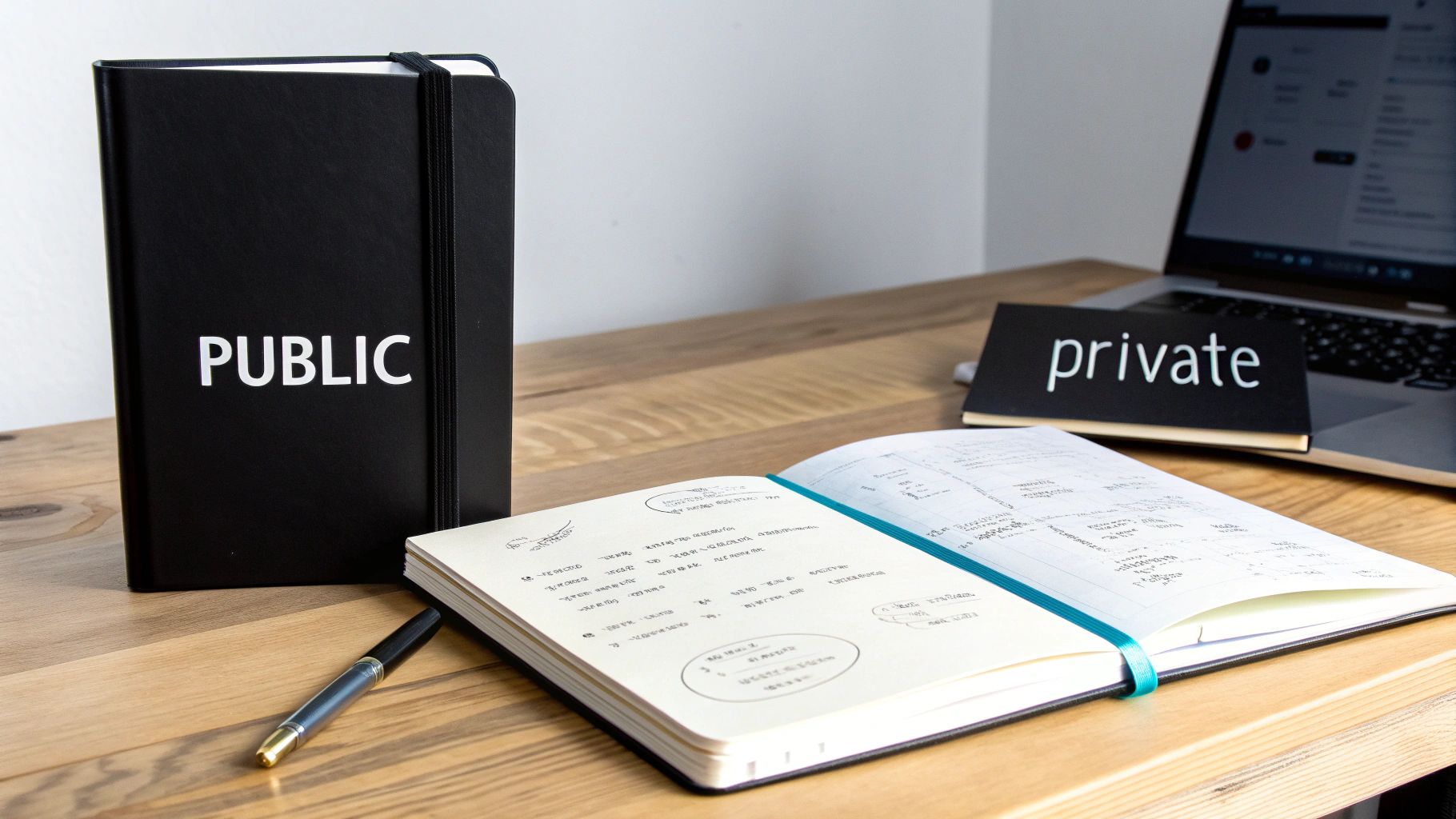 A desk with public and private notebooks, an open planner, a pen, and a laptop.