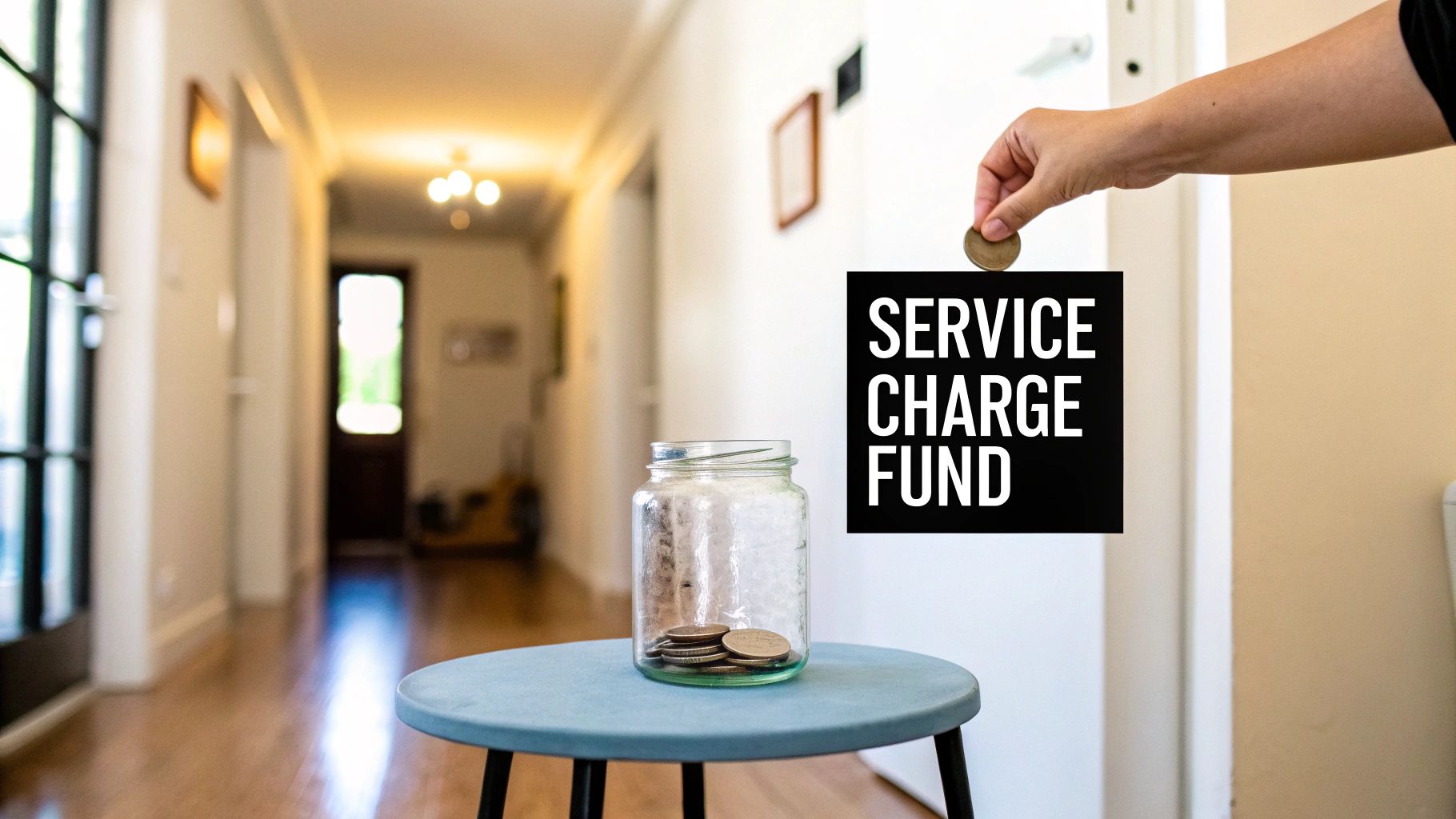 A person's hand deposits a coin into a glass jar labeled 'SERVICE CHARGE FUND' on a table in a hallway.