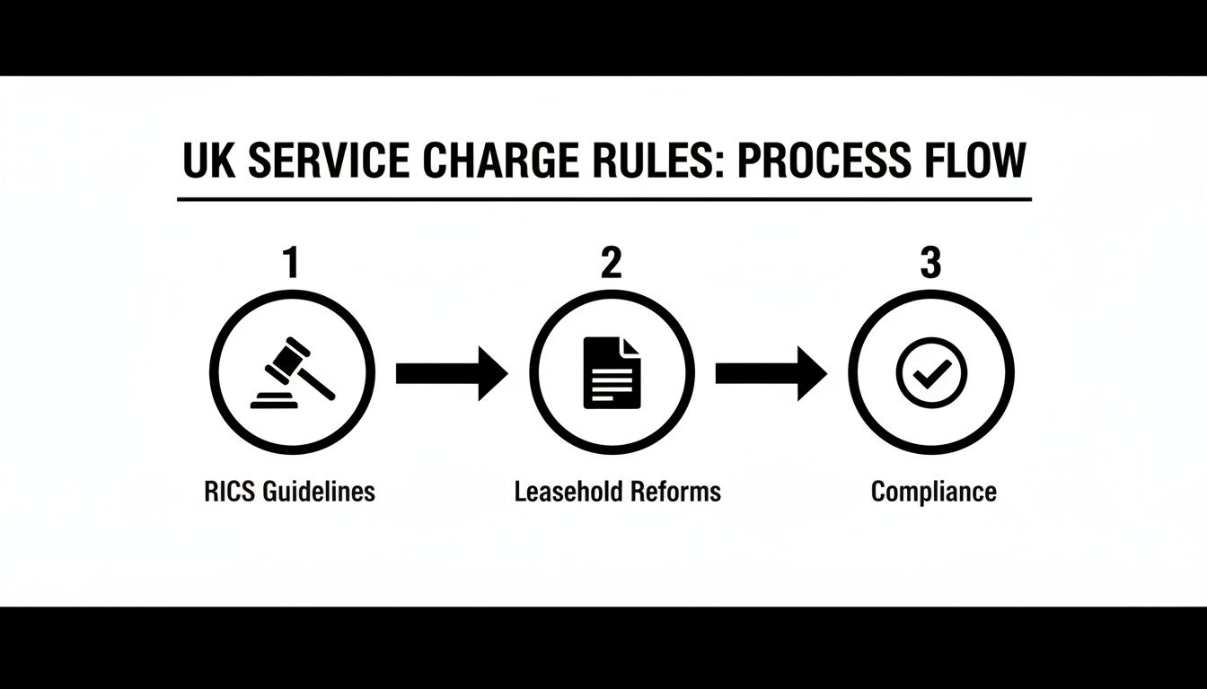 Process flow diagram for UK service charge rules, showing RICS guidelines, leasehold reforms, and compliance steps.