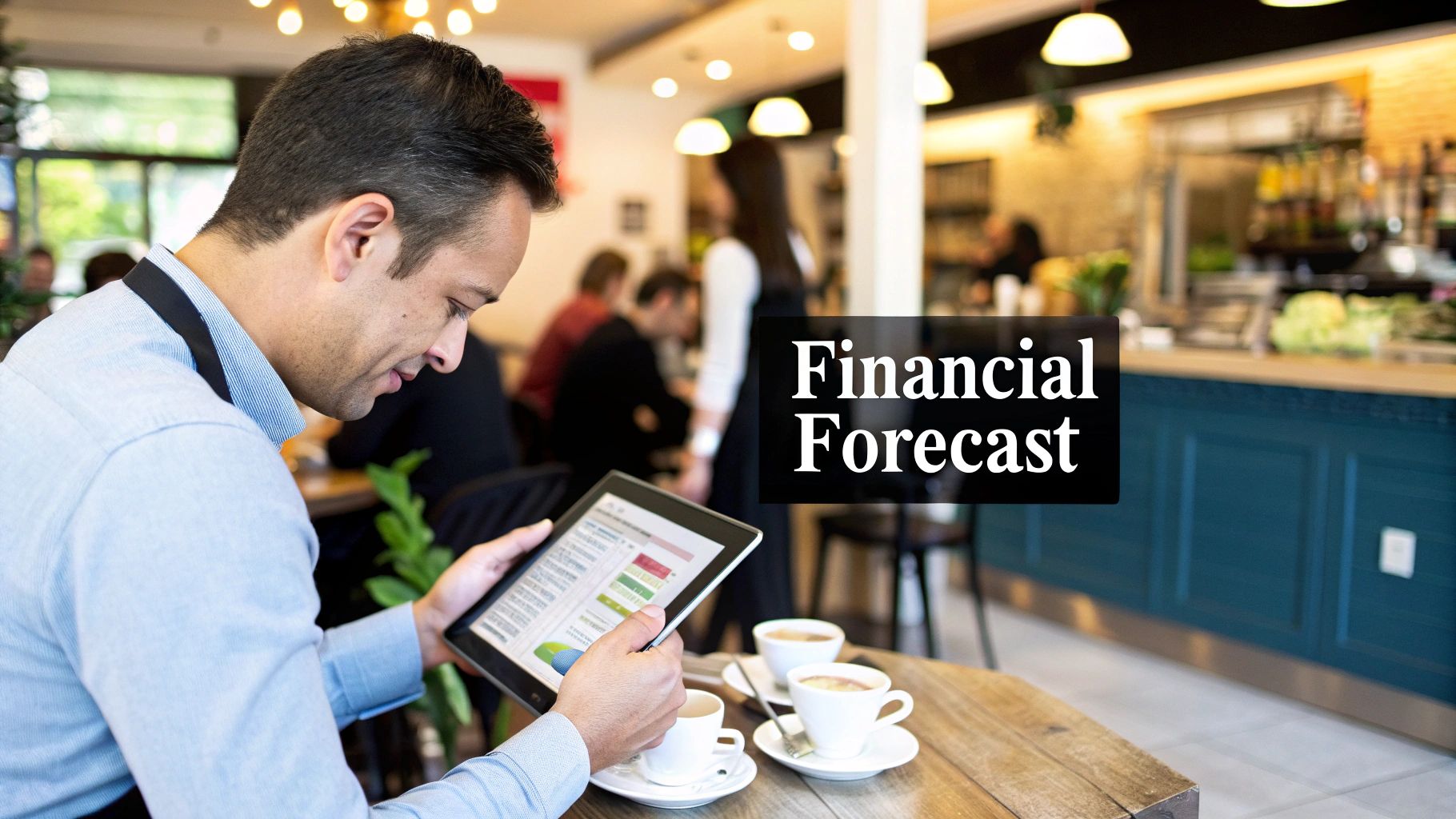 A business professional analysing financial charts and data on a digital screen.