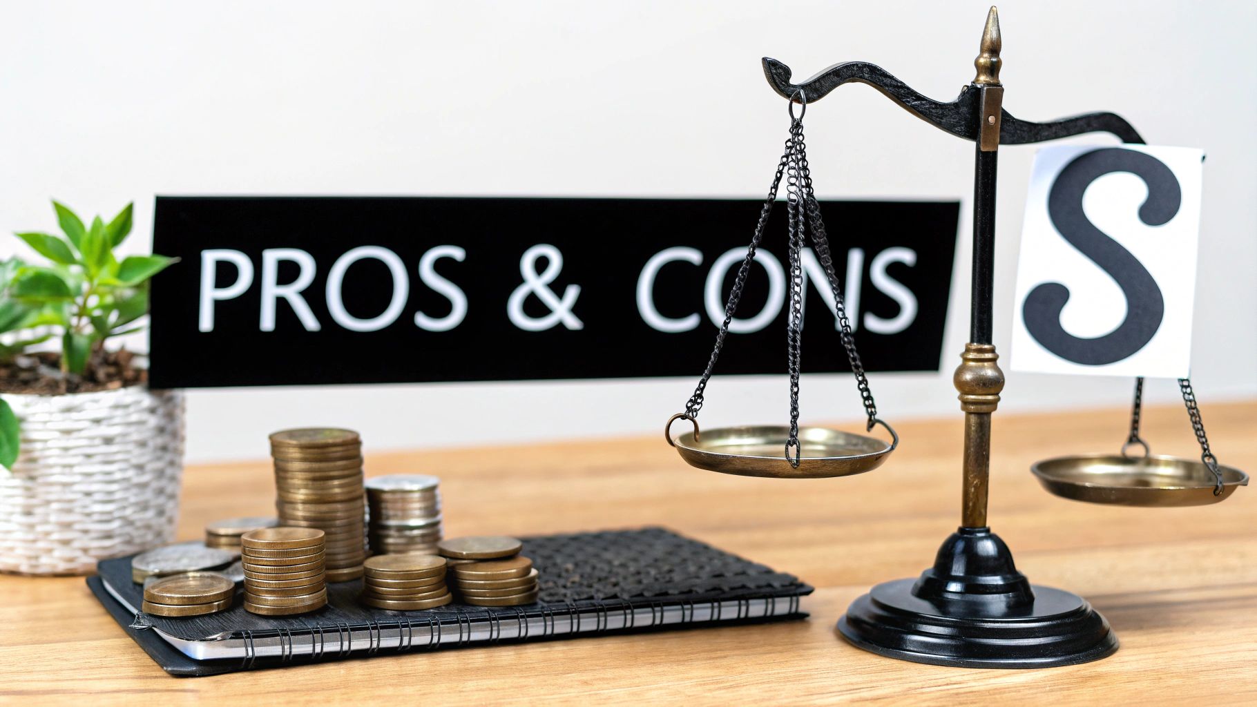 A visual representation of balancing pros and cons on a scale, related to financial decisions.
