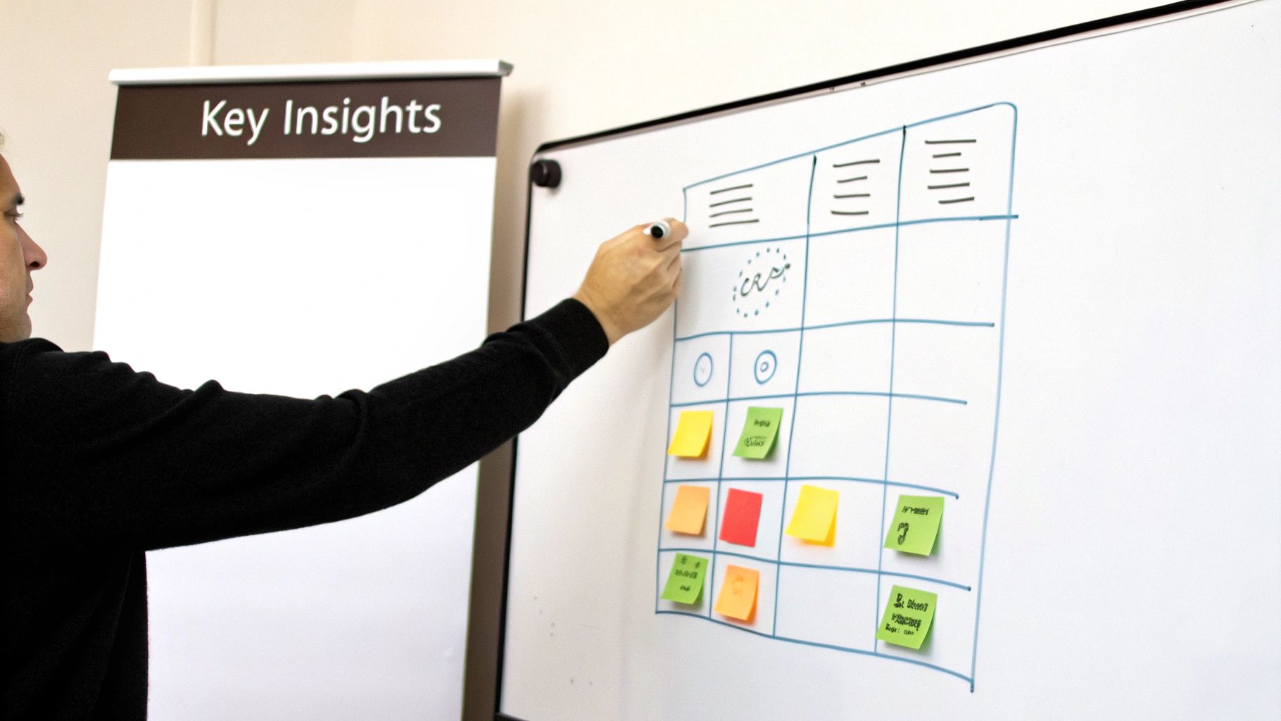 A person writes on a whiteboard, organising ideas with a grid diagram and colorful sticky notes.