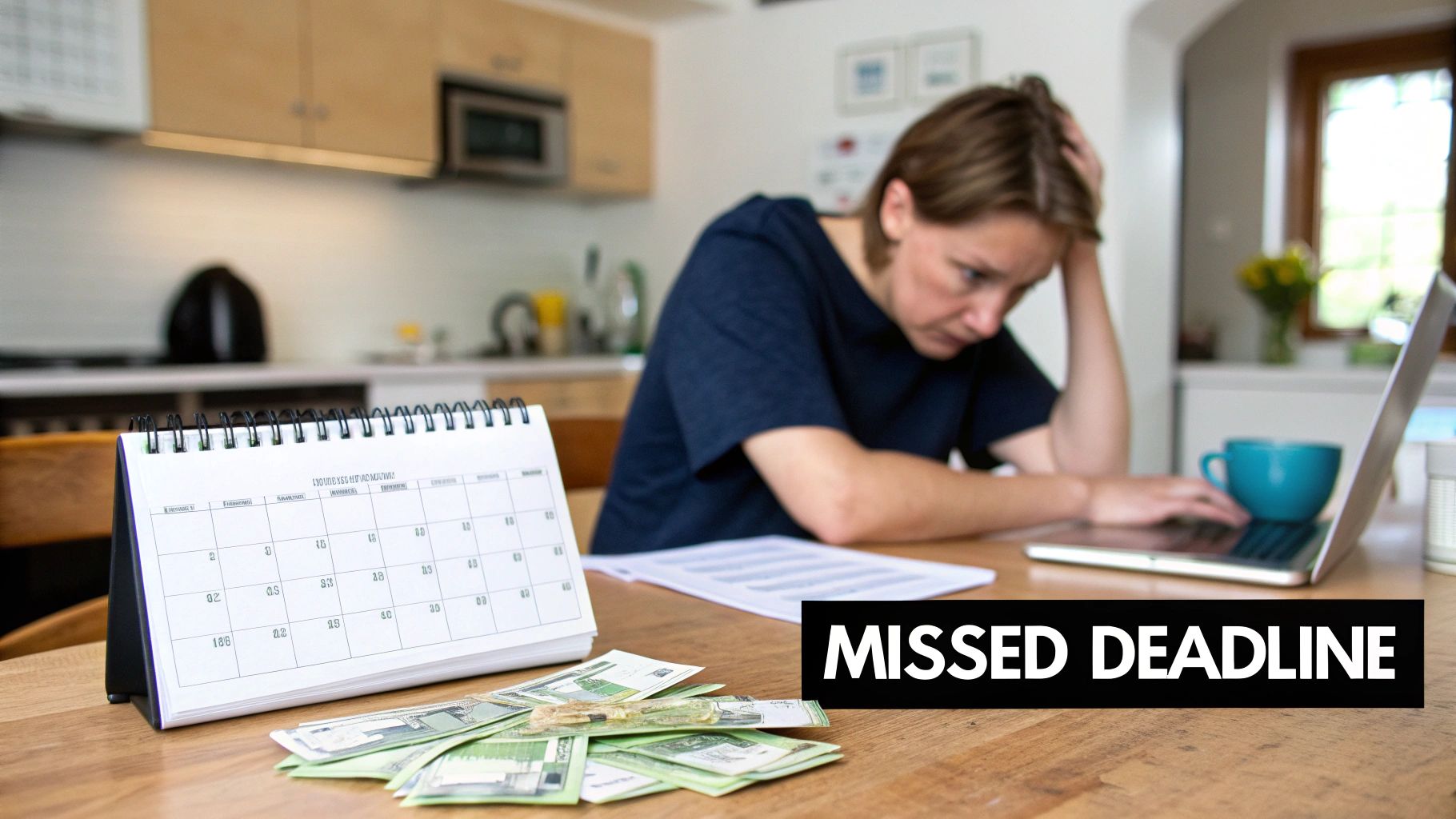 A stressed woman sits at a table with a laptop, calendar, and money, indicating financial worries.