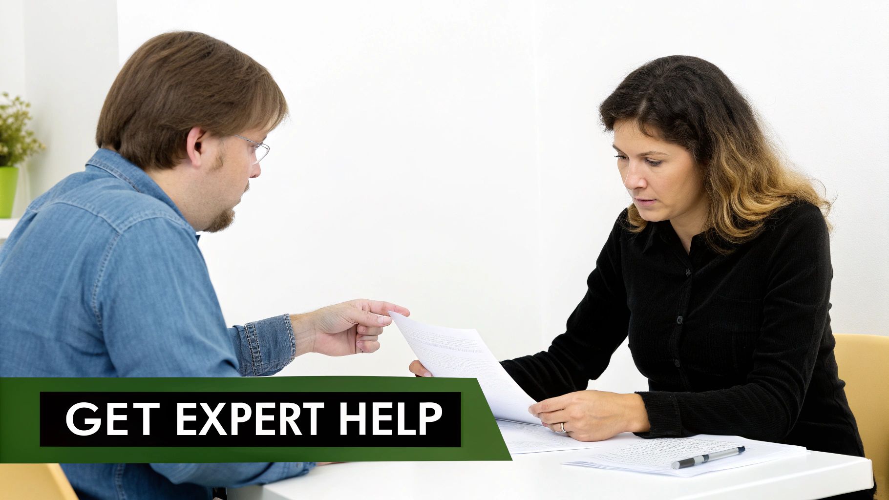 A professional tax advisor calmly assisting a client, symbolising the peace of mind that expert help can bring.