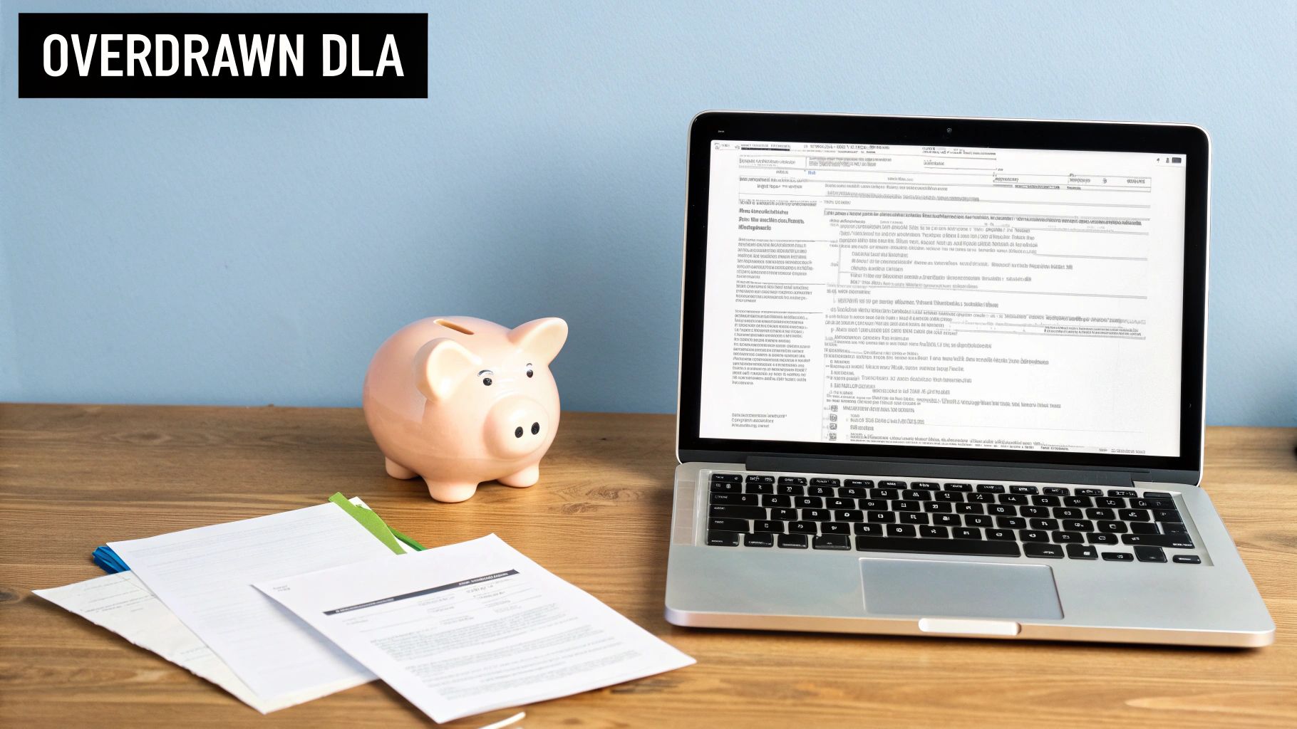A laptop showing financial reports, a piggy bank, and papers on a desk about an overdrawn DLA.
