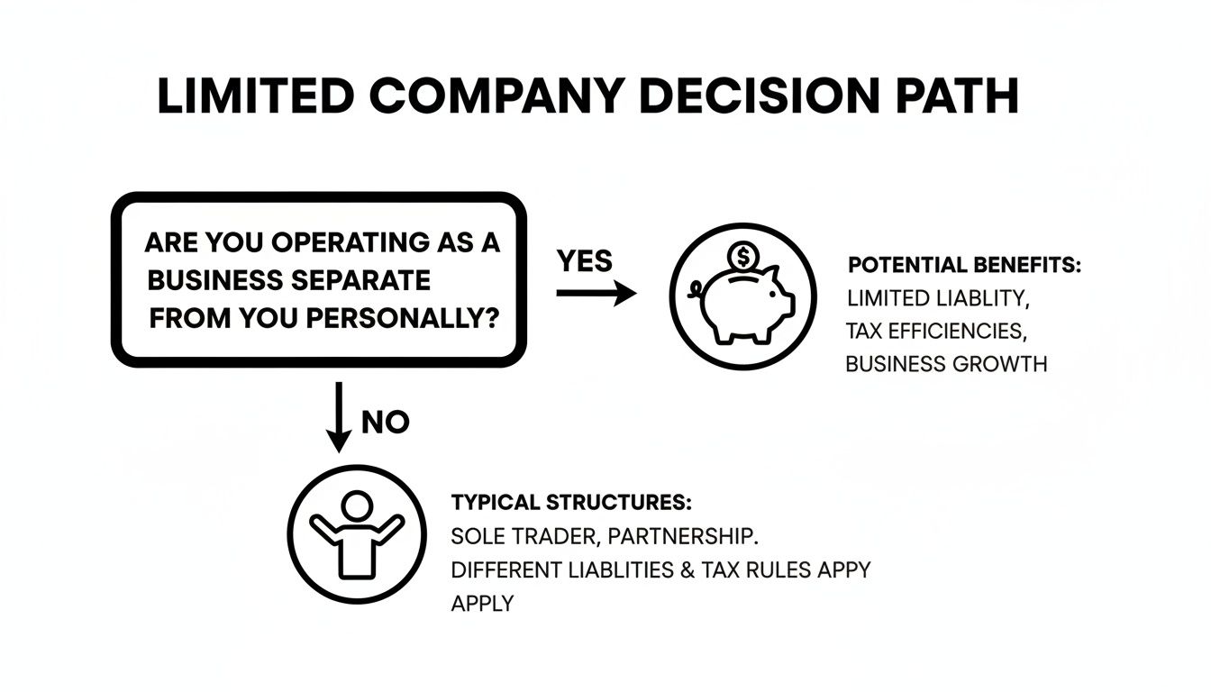 A flowchart detailing the decision path for operating as a limited company, outlining benefits and alternative business structures.
