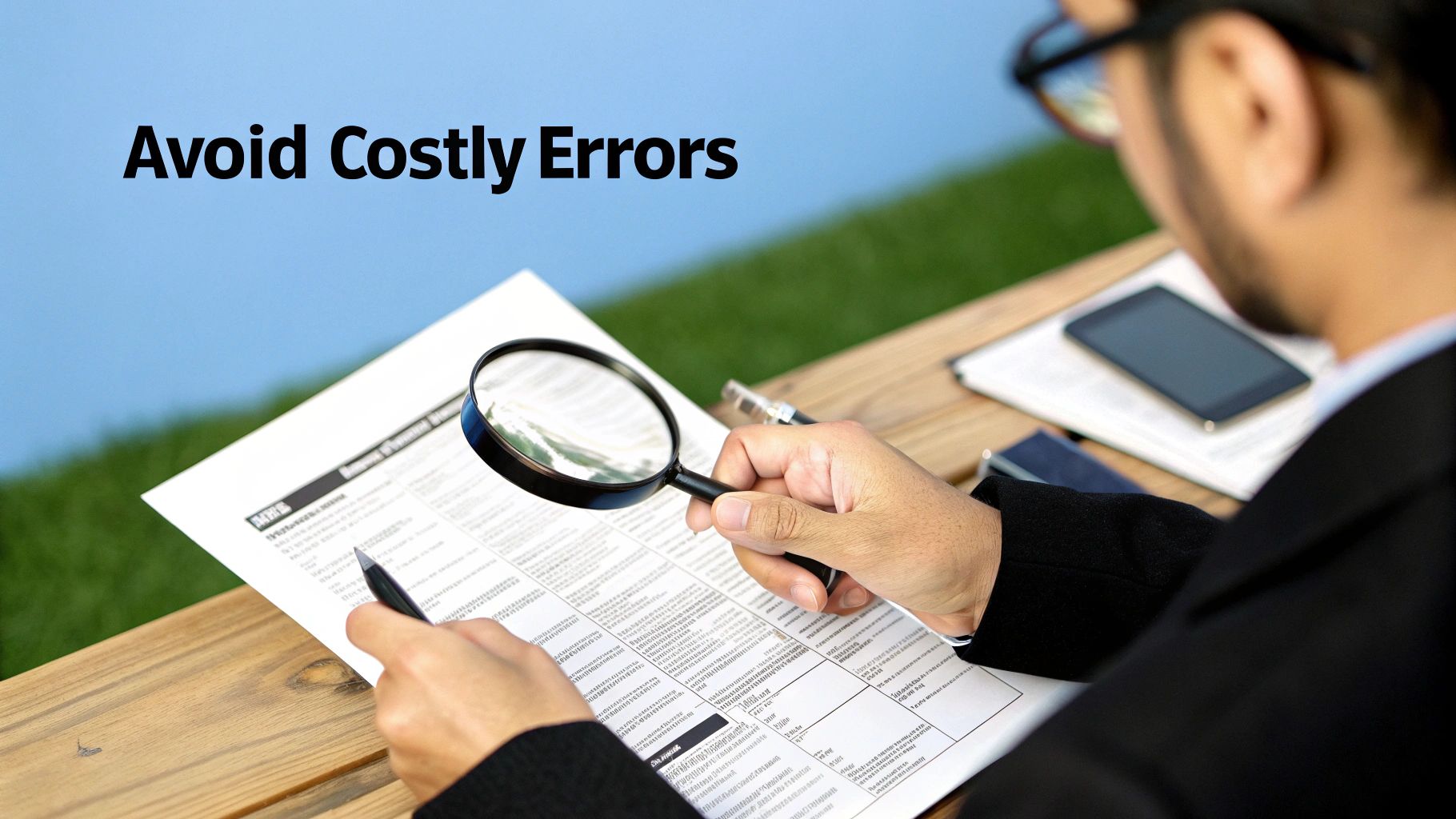 A person meticulously reviewing documents with a magnifying glass to avoid costly errors.