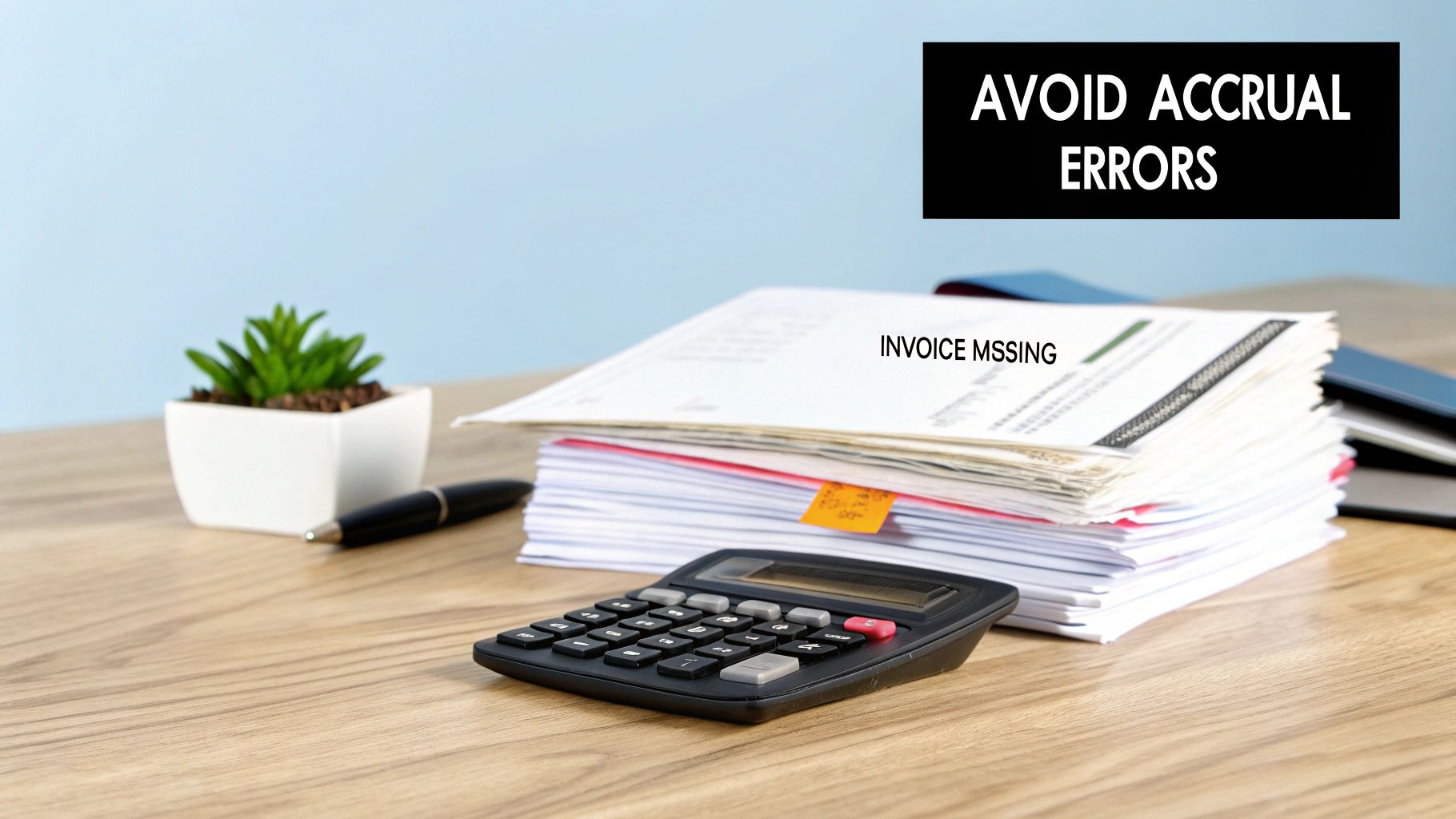 Workspace showing documents, a calculator, and text about avoiding accrual errors and missing invoices.
