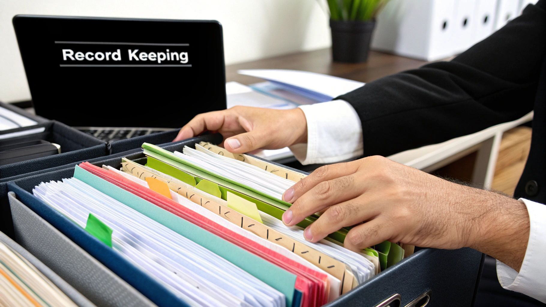 A person happily organising receipts and invoices on a desk