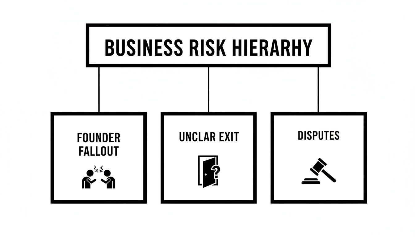 A diagram illustrates the Business Risk Hierarchy, outlining key risks: Founder Fallout, Unclear Exit, and Disputes.