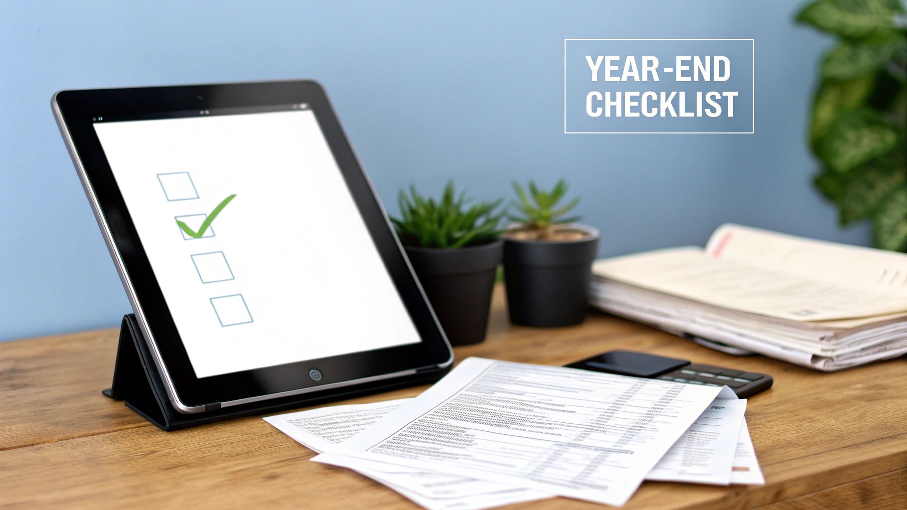 A tablet displaying a year-end checklist with one item checked, on a desk with documents and plants.
