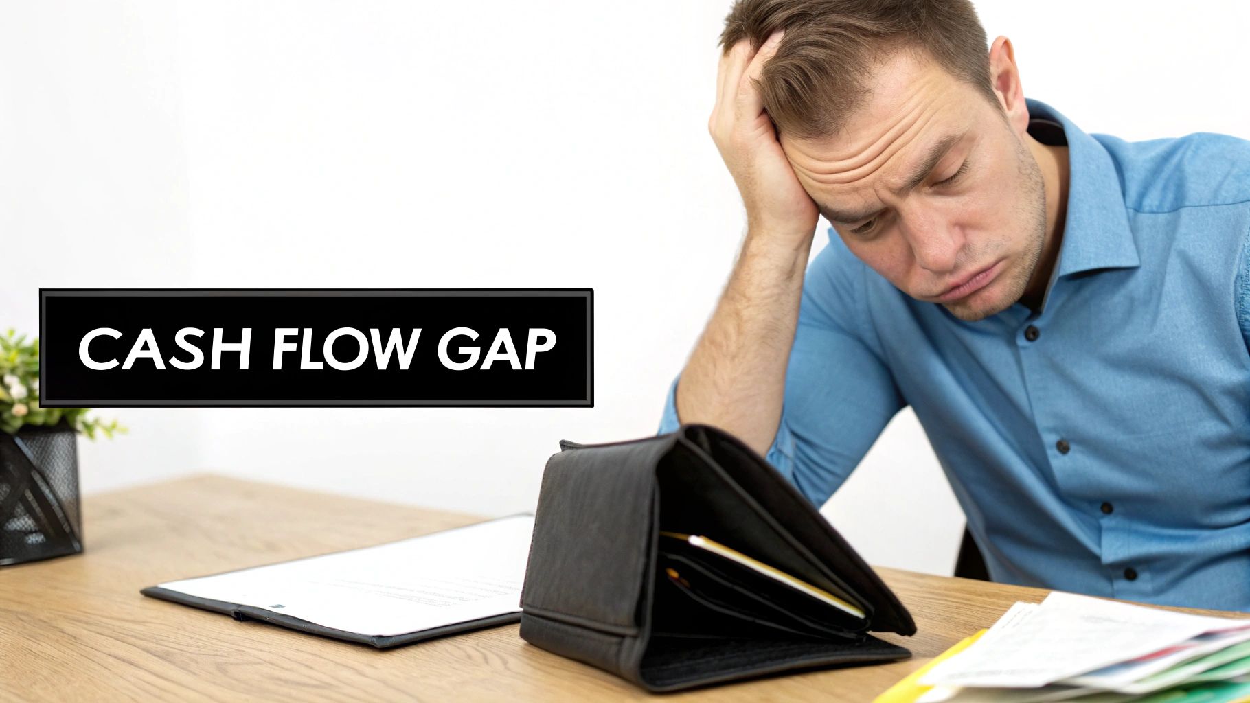 A person looking stressed while reviewing financial documents and invoices at a desk.