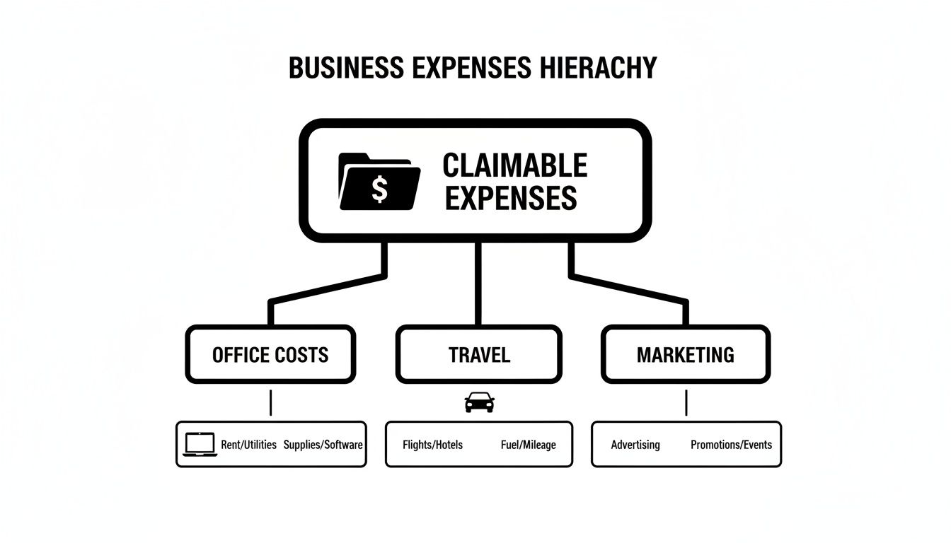 A hierarchy chart illustrating claimable business expenses for office, travel, and marketing categories.