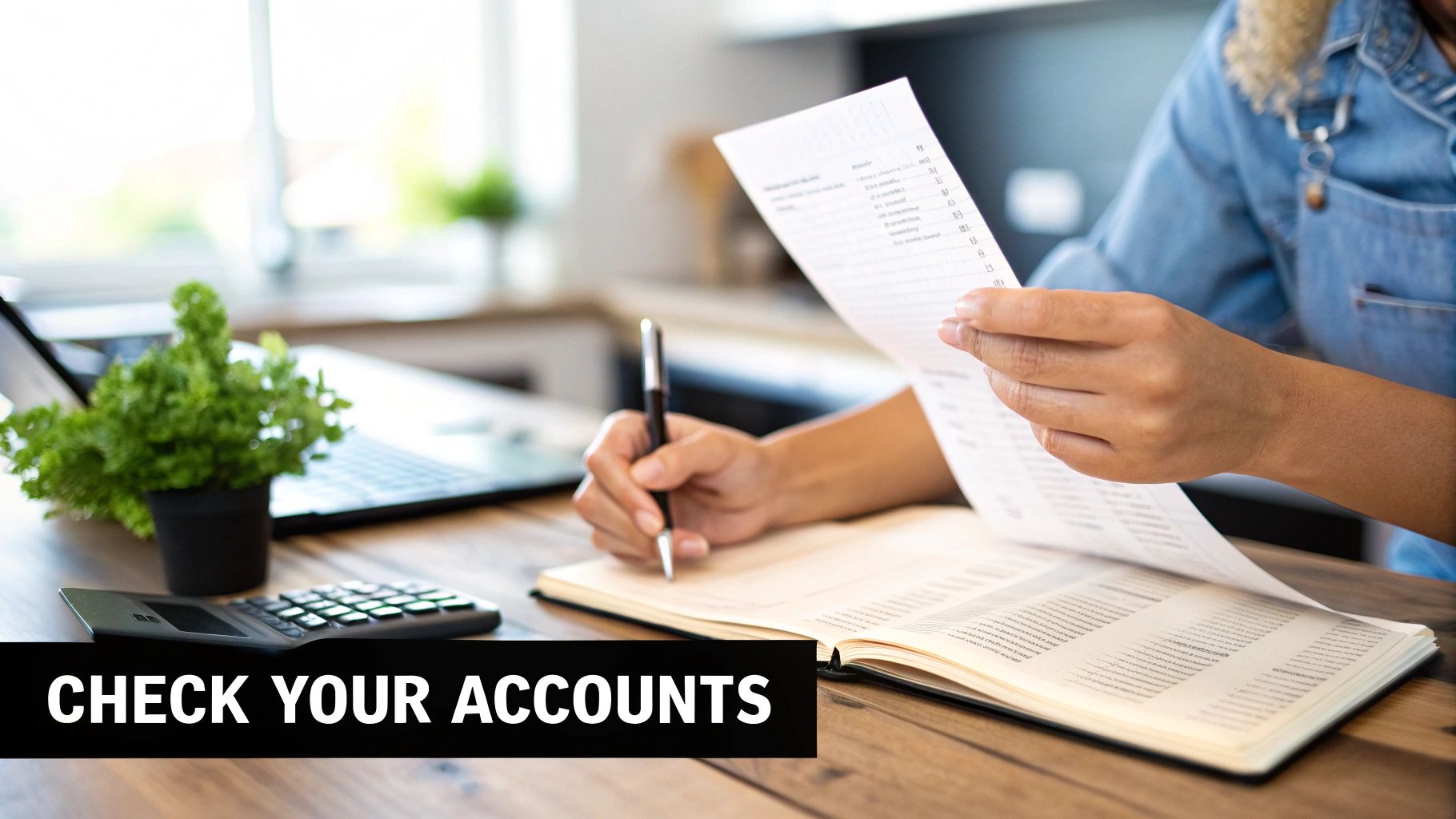 Someone reconciling accounts, reviewing papers, and making notes at a desk with a calculator.