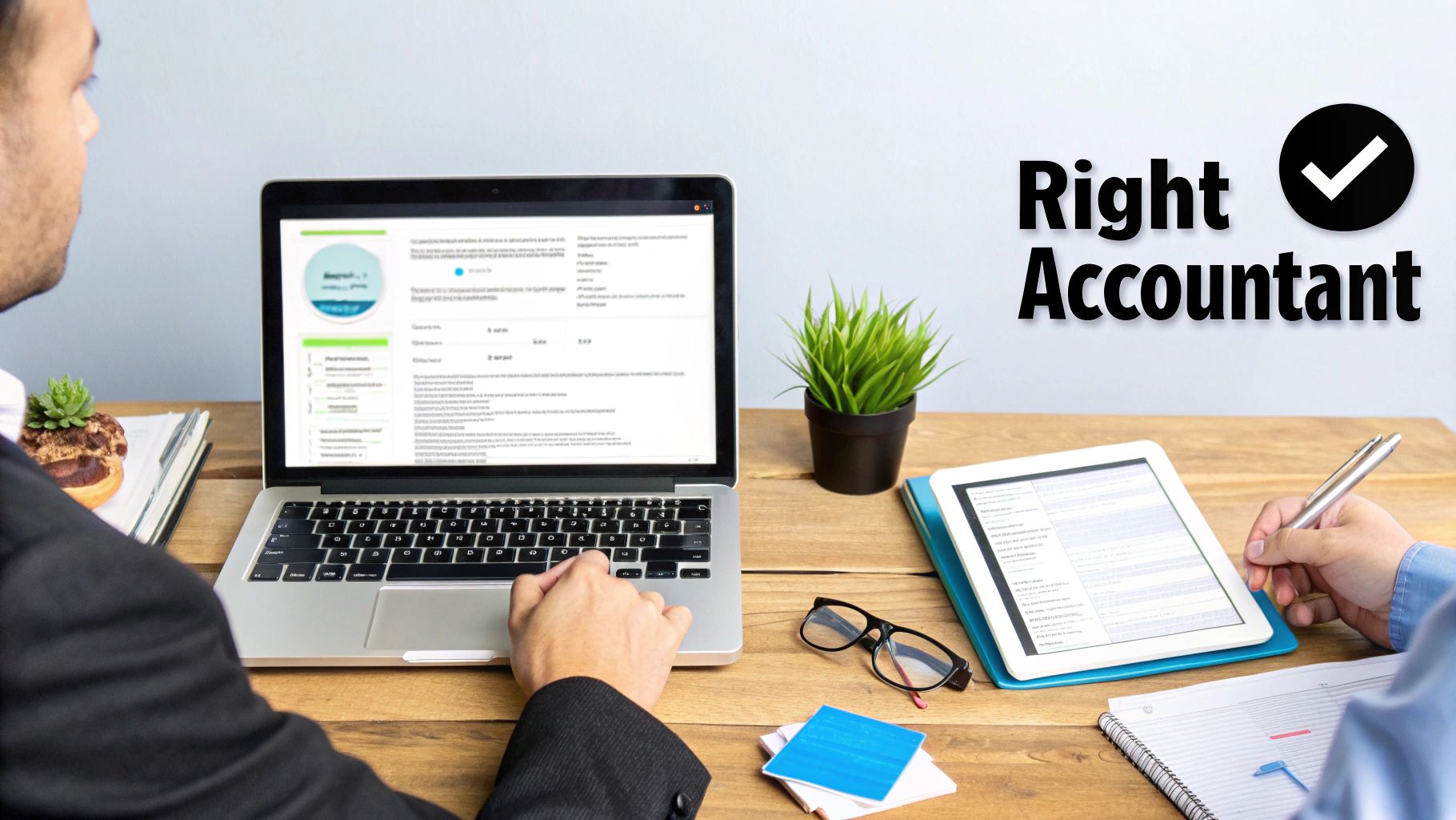 A professional accountant reviewing documents with a small business owner at a desk.