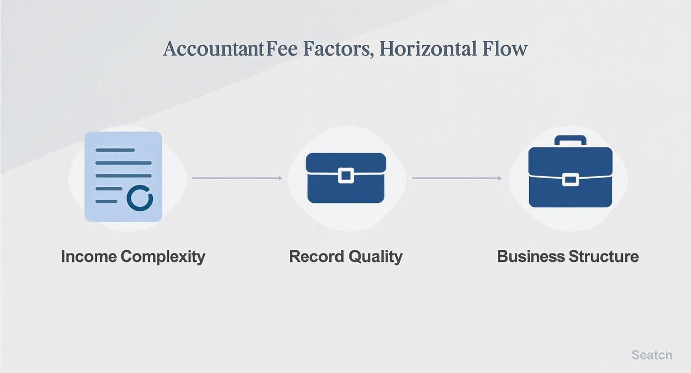 Horizontal flow diagram showing three accountant fee factors: income complexity, record quality, and business structure