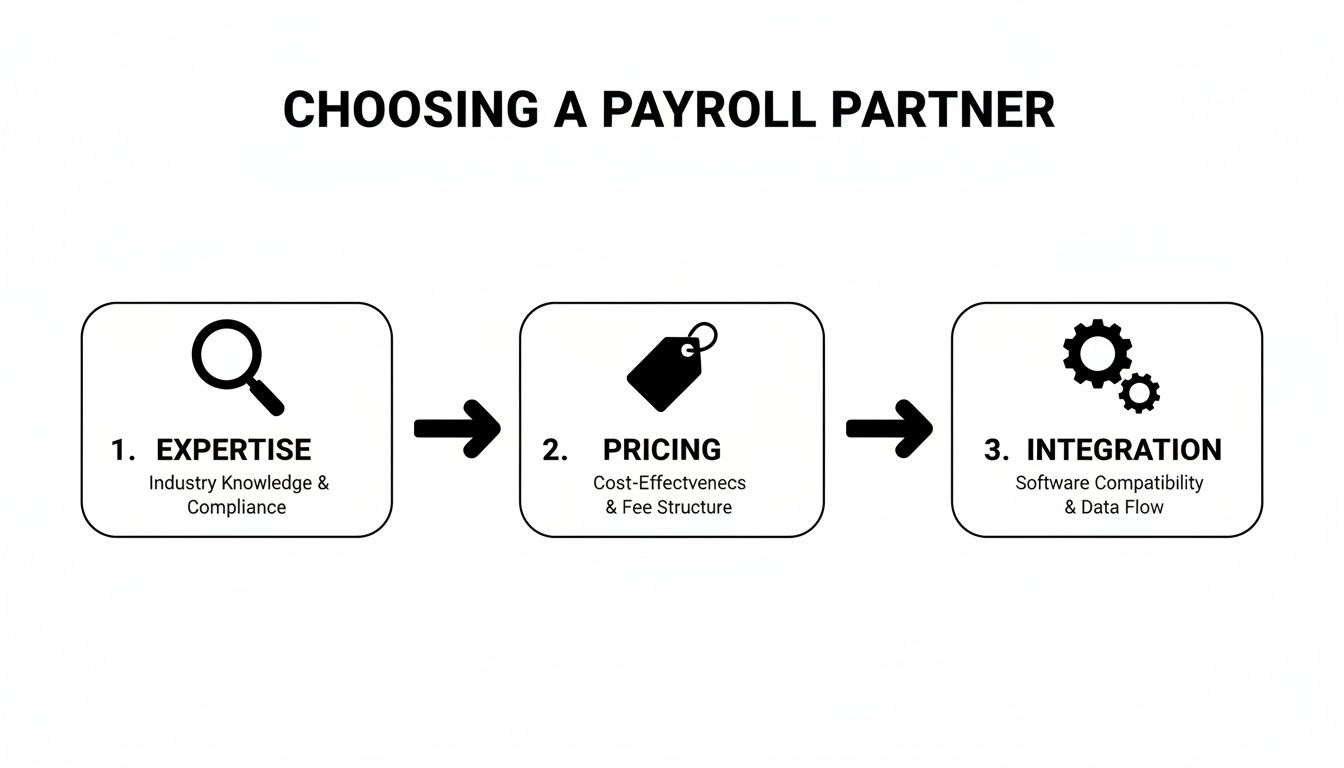 Flowchart illustrating three key steps for choosing a payroll partner: Expertise, Pricing, and Integration.
