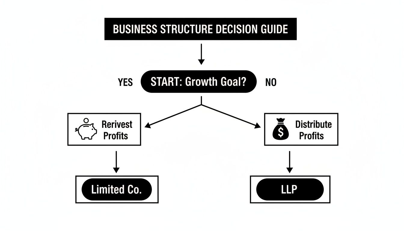 A flowchart guiding business structure decisions based on growth goals, leading to Limited Company or LLP.