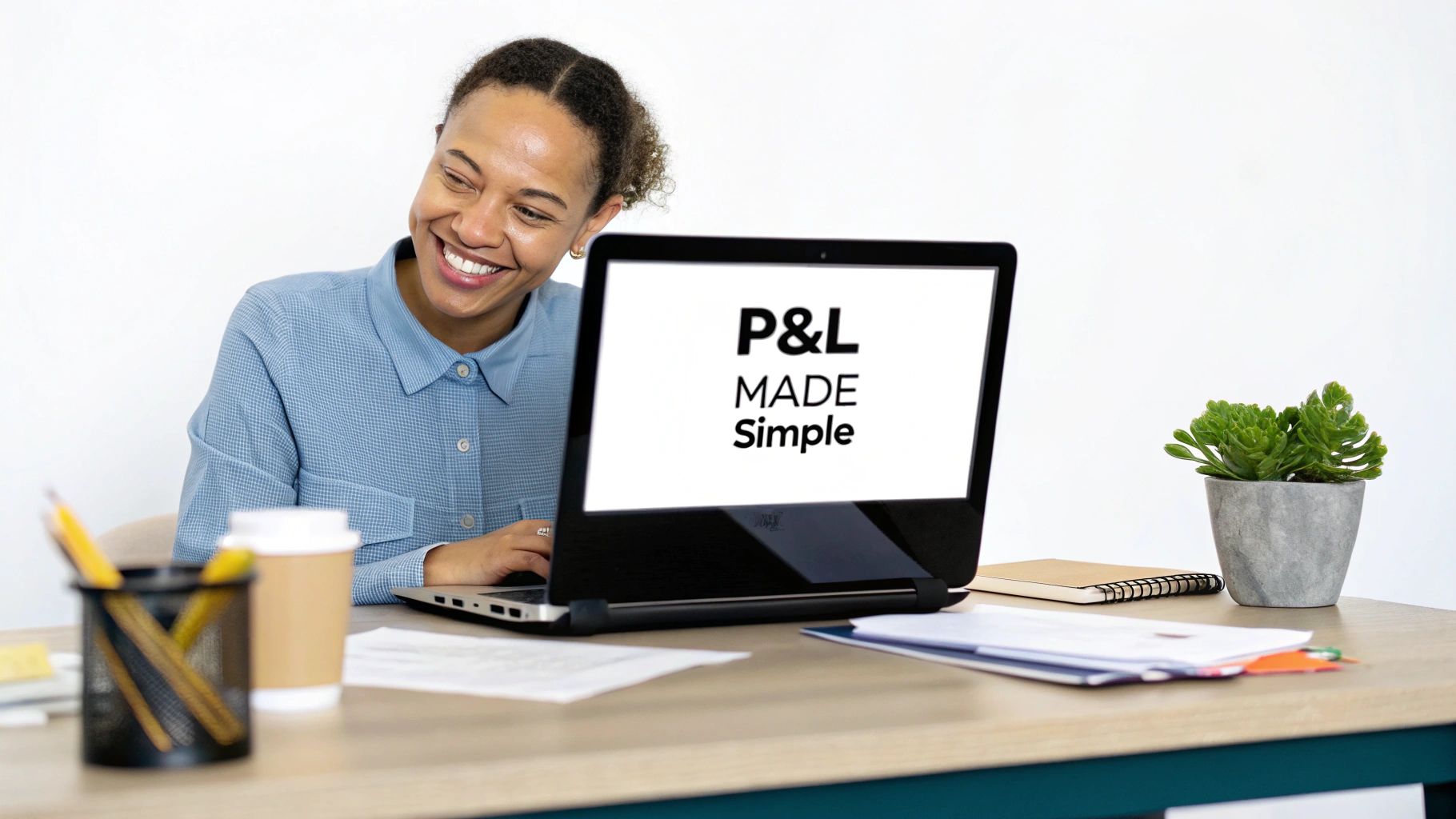 Professional woman smiling while working on laptop reviewing profit and loss statement tutorial