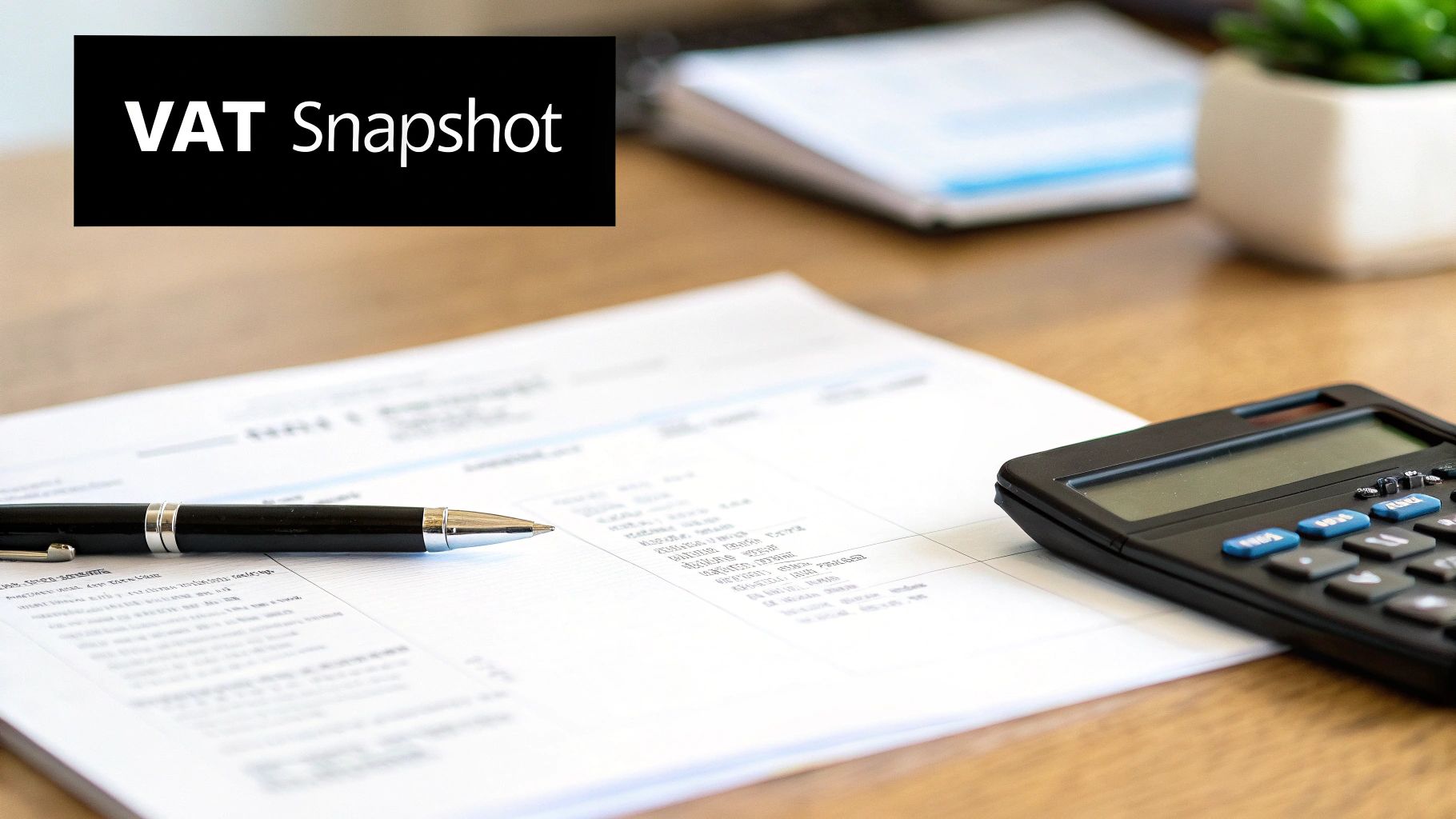 A desk setup with a 'VAT Snapshot' banner, documents, a pen, and a calculator.