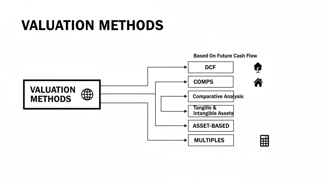 A diagram illustrating various valuation methods including DCF, Comps, Comparative Analysis, Asset-Based, and Multiples.