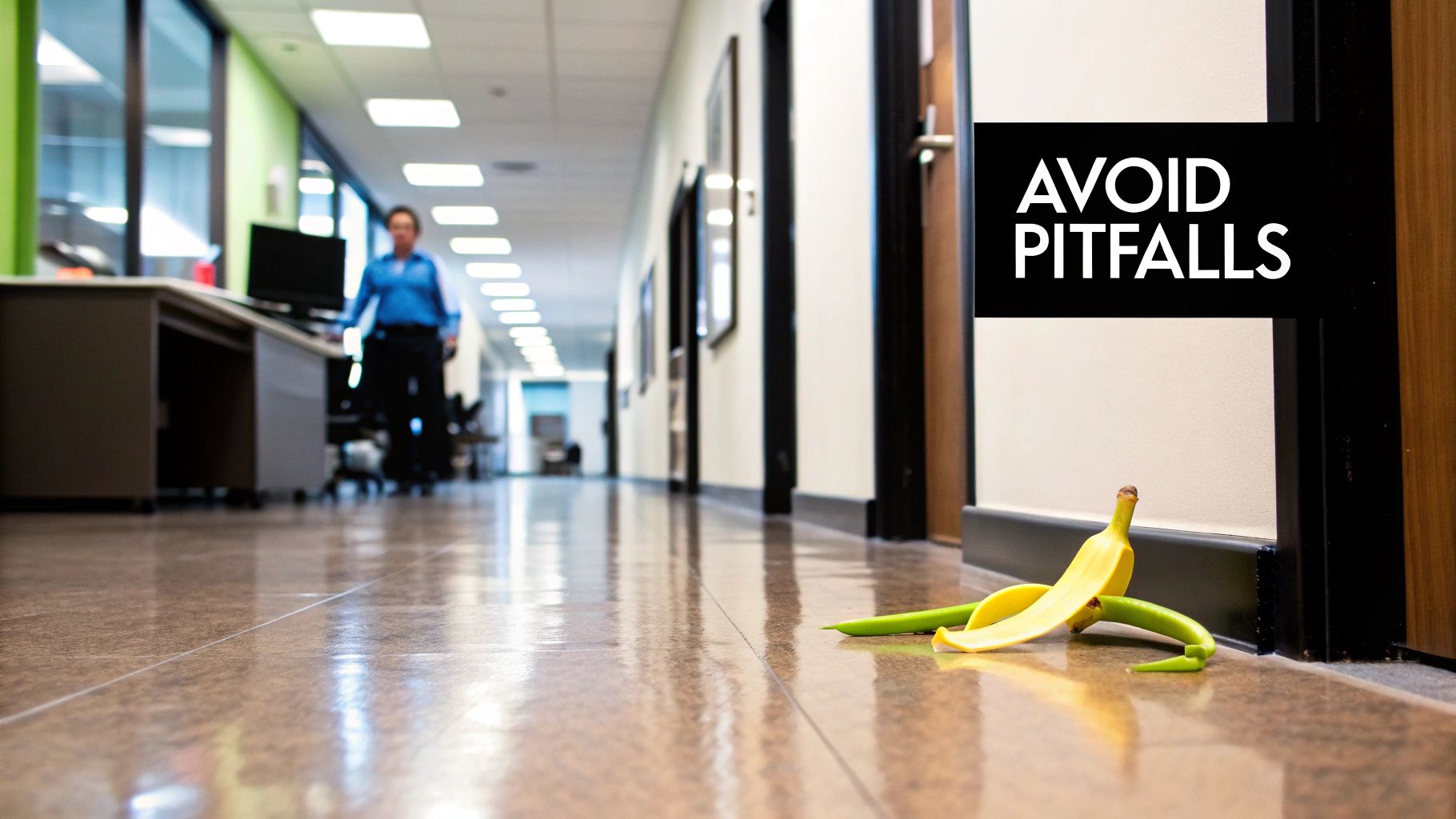 A person slipping on a banana peel in a humorous illustration.